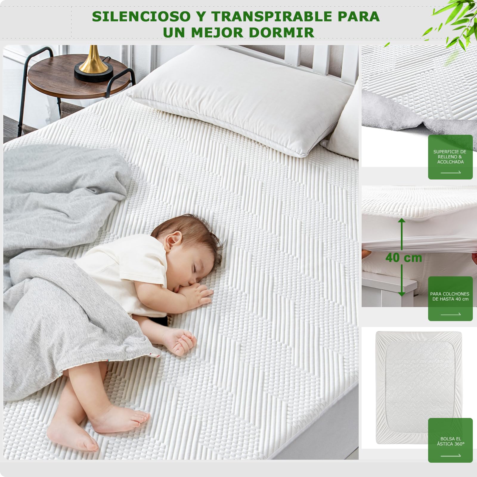 GRT Protector de Colchón 160x200 cm Impermeable Fibra de Bambú, Cubre Colchon Transpirable et Certificado Oeko-Tex, Funda para Colchon Estira hasta 40 cm de Profundidad (Blanco)