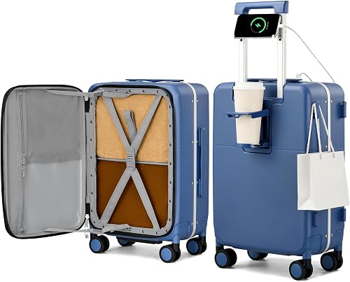 Hanke Carry On Luggage 22x14x9 Airline Approved Spinner Wheels, Top Open Hard Shell Suitcases with Cup Phone Holder and Charger 20 Inch Travel Luggage, Interstellar Blue, Carry On 20-Inch Pro, Top