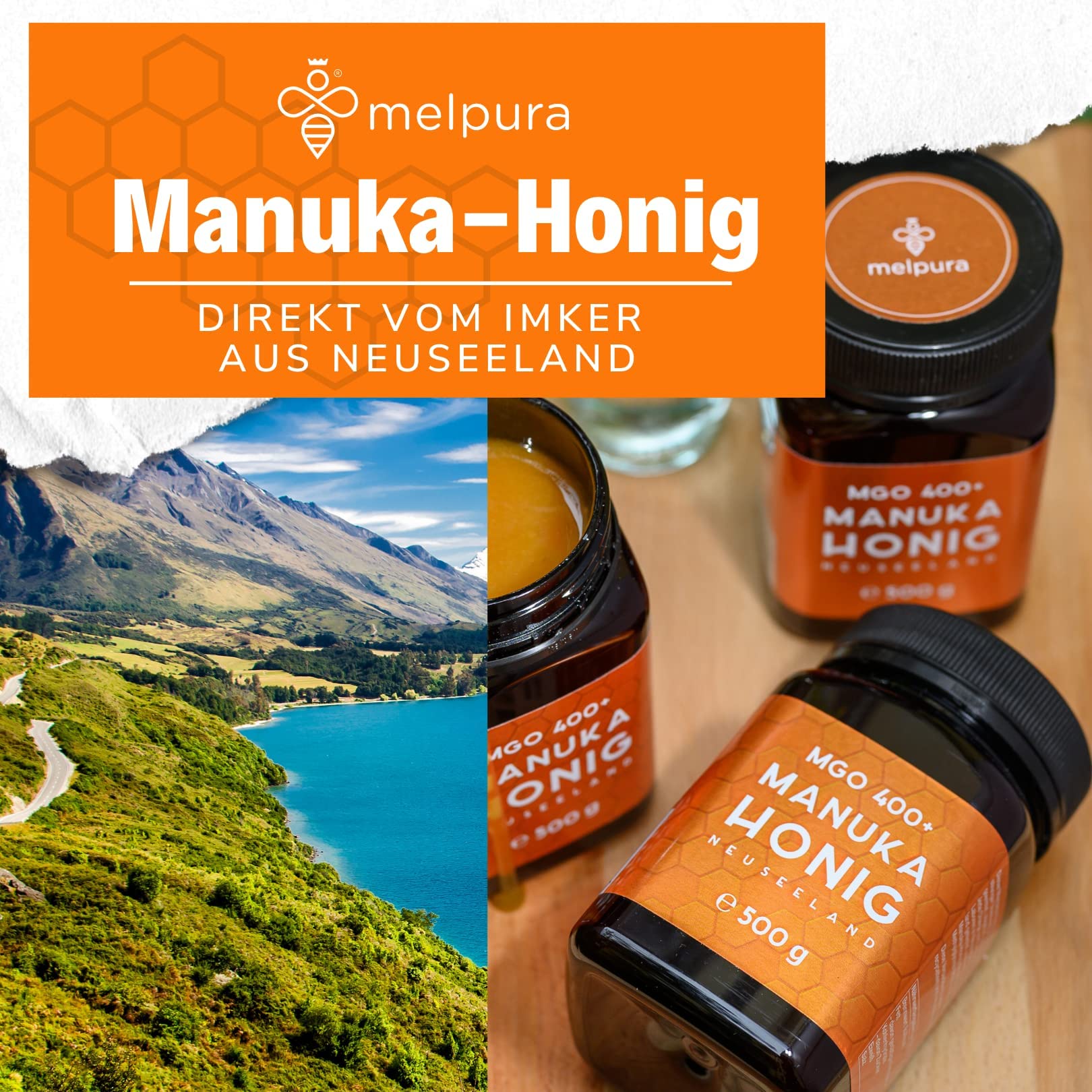 MELPURA Manuka Honig MGO 400+ 500g aus Neuseeland zertifiziert natürlicher Methylglyoxal-Gehalt