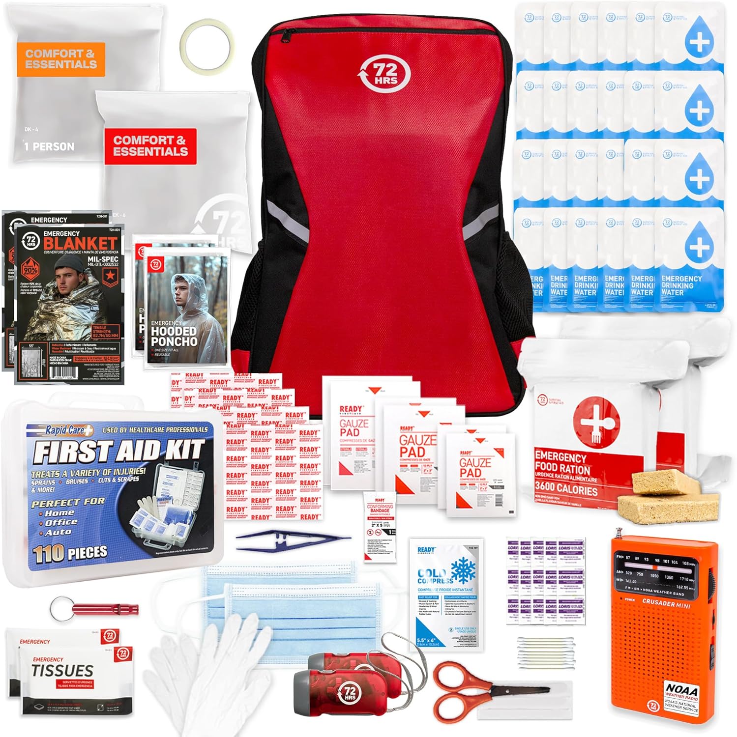 Earthquake Kit - 72 HRS Essential Emergency Survival Kit, Heavy Duty 72 Hour Bug Out Bag Survival Kit for Earthquake, Hurricane, Tsunami - Include Emergency First Aid Kit, Water, Food (Red 2 Person)