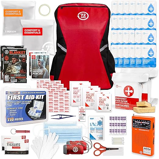 72 HRS Essential Emergency Survival Kit - Heavy Duty 72 Hour Bug Out Bag Survival Kit for Earthquake, Hurricane, Tsunami, Winter, Blackout - Include Emergency First Aid Kit, Water, Food (Red 2 Person)