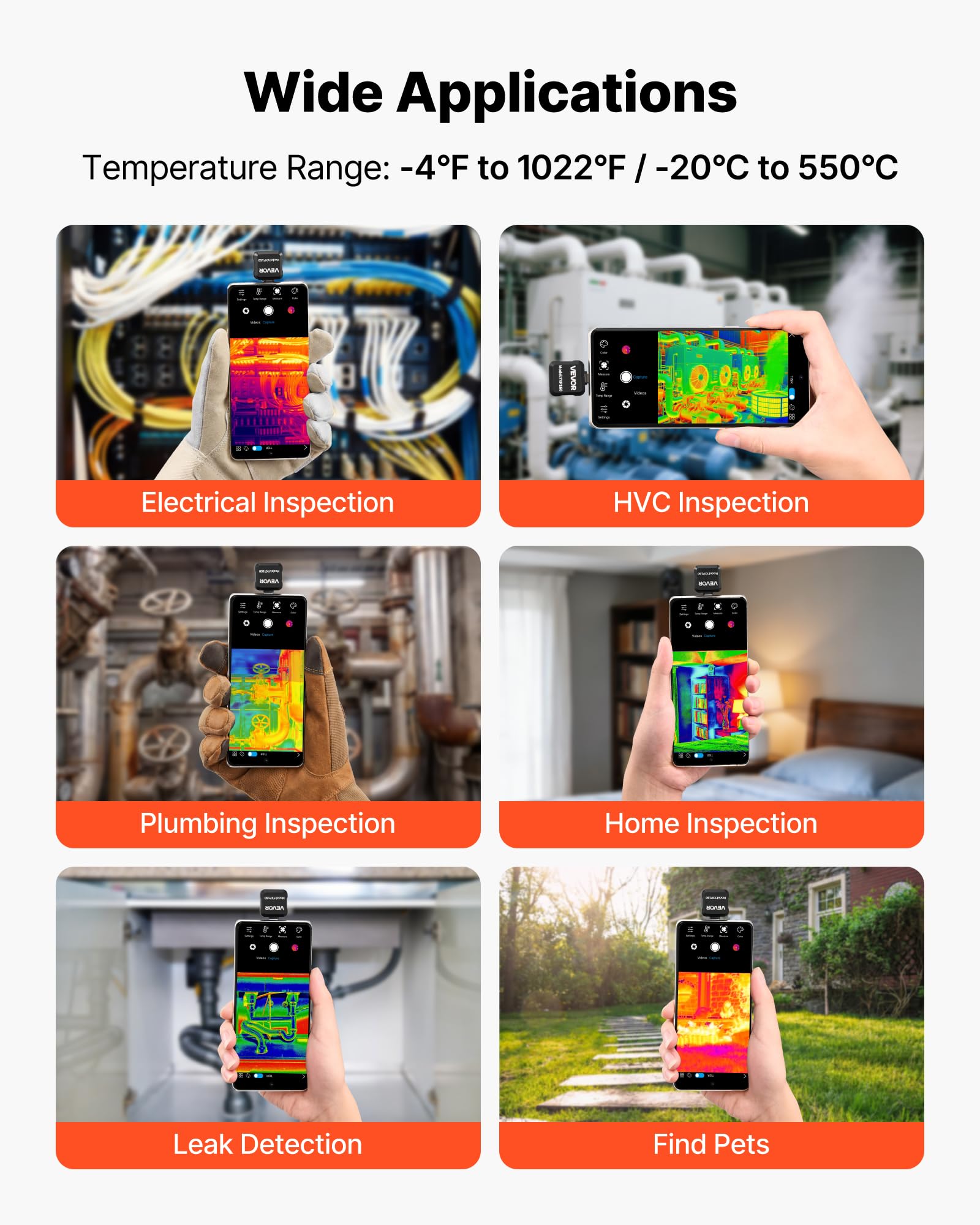 VEVOR Kamera termograficzna dla systemu Android, rozdzielczość IR 160x120, kieszonkowa kamera na podczerwień do smartfonów i tabletów, rozdzielczość TISR 320x240, 25Hz, -20°C do 550°C, 15 palet