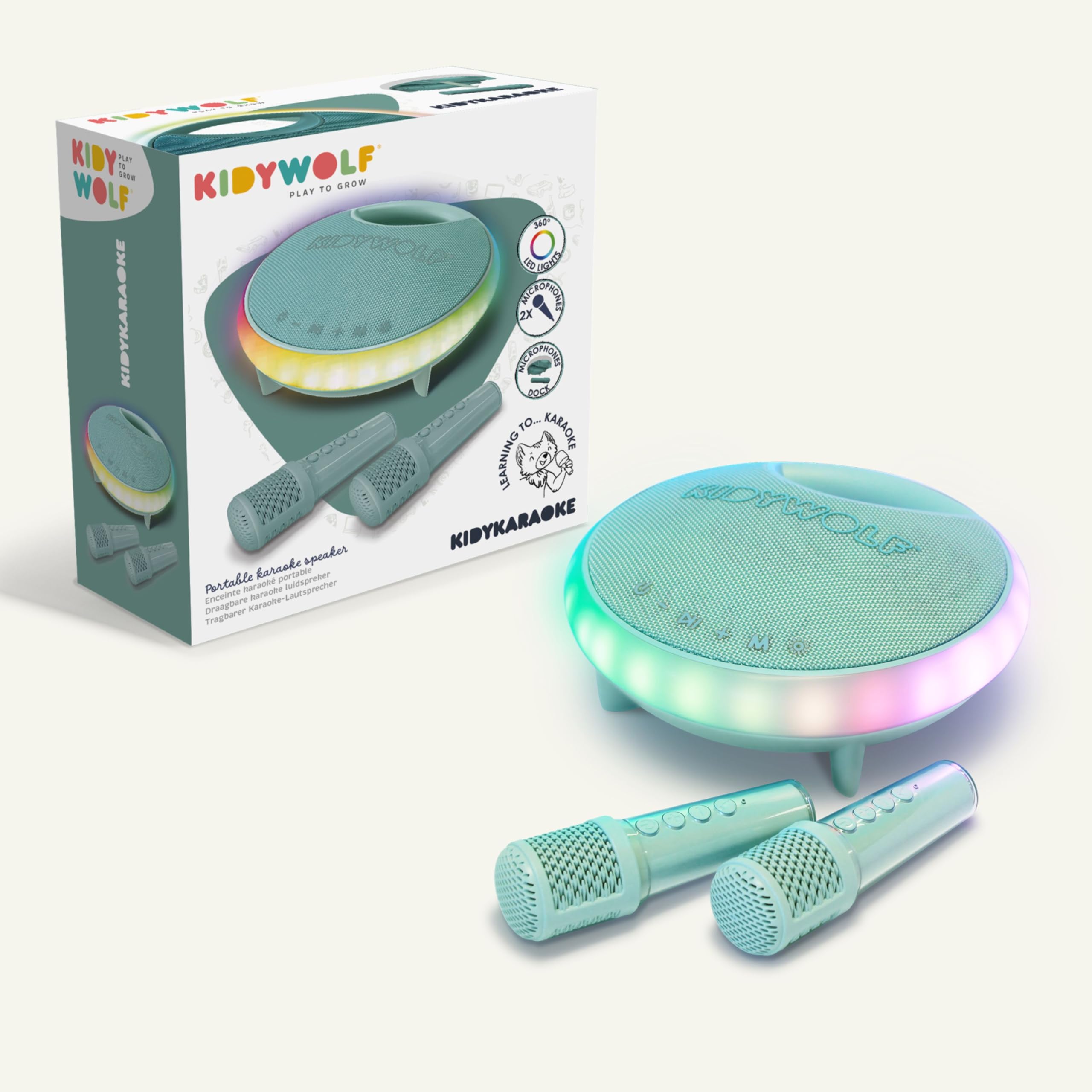 KIDYWOLF KIDYKARAOKE Przenośny głośnik do karaoke dla dzieci z 2 bezprzewodowymi mikrofonami i efektami świetlnymi - zabawny i świąteczny głośnik Bluetooth 40 W na rodzinne wieczory