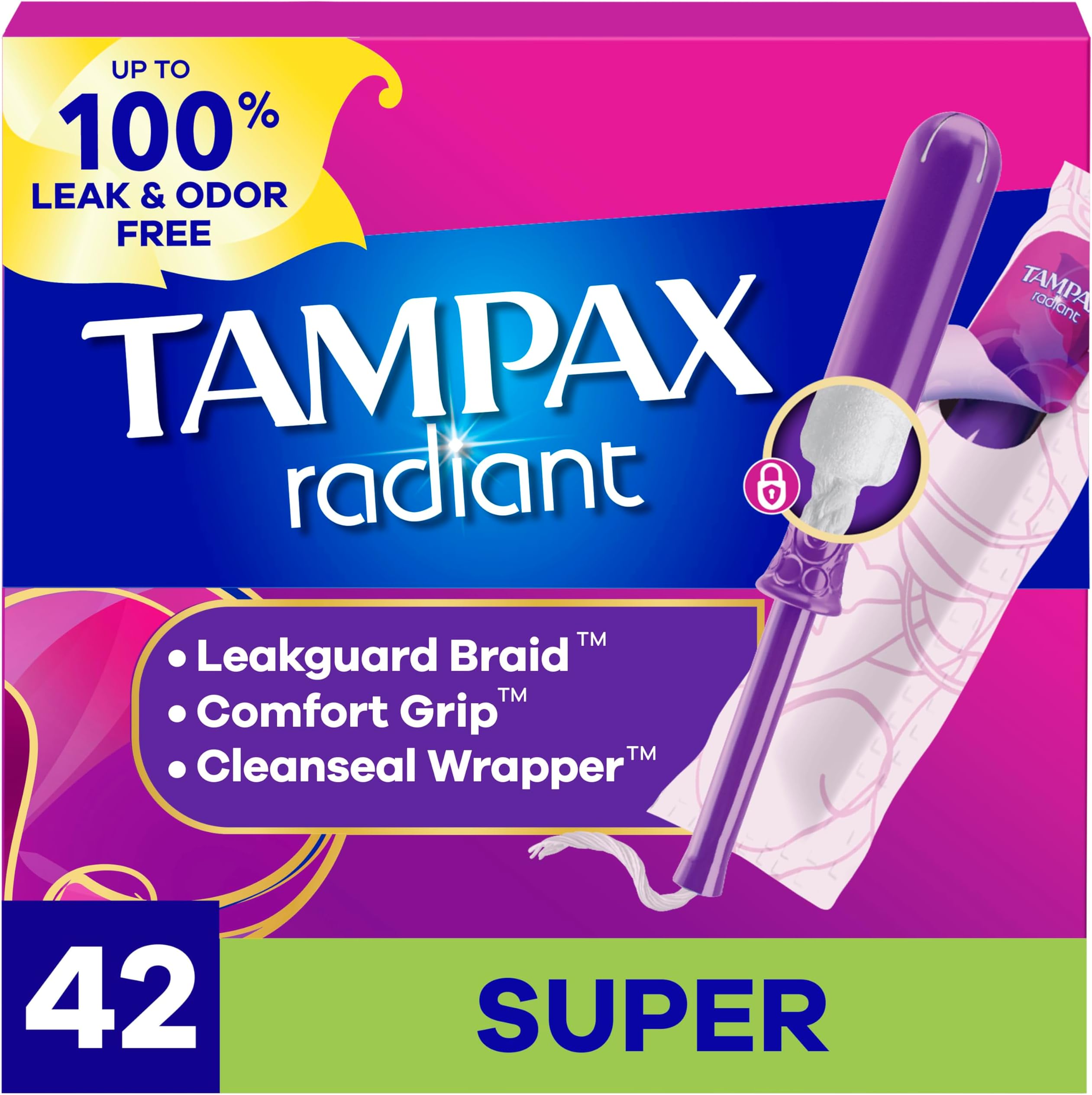 Tampax Radiant Tampons Super Absorbency with BPA-Free Plastic Applicator and LeakGuard Braid, Unscented, 42 Count