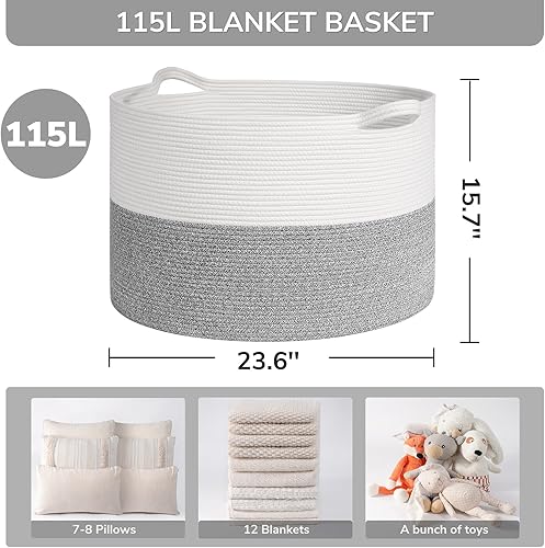 Vista 111 de INDRESSME - Canasta extragrande para ropa sucia de cuerda de algodón, cesta tejida decorativa con asas para guardería y sala, contenedor para Gris