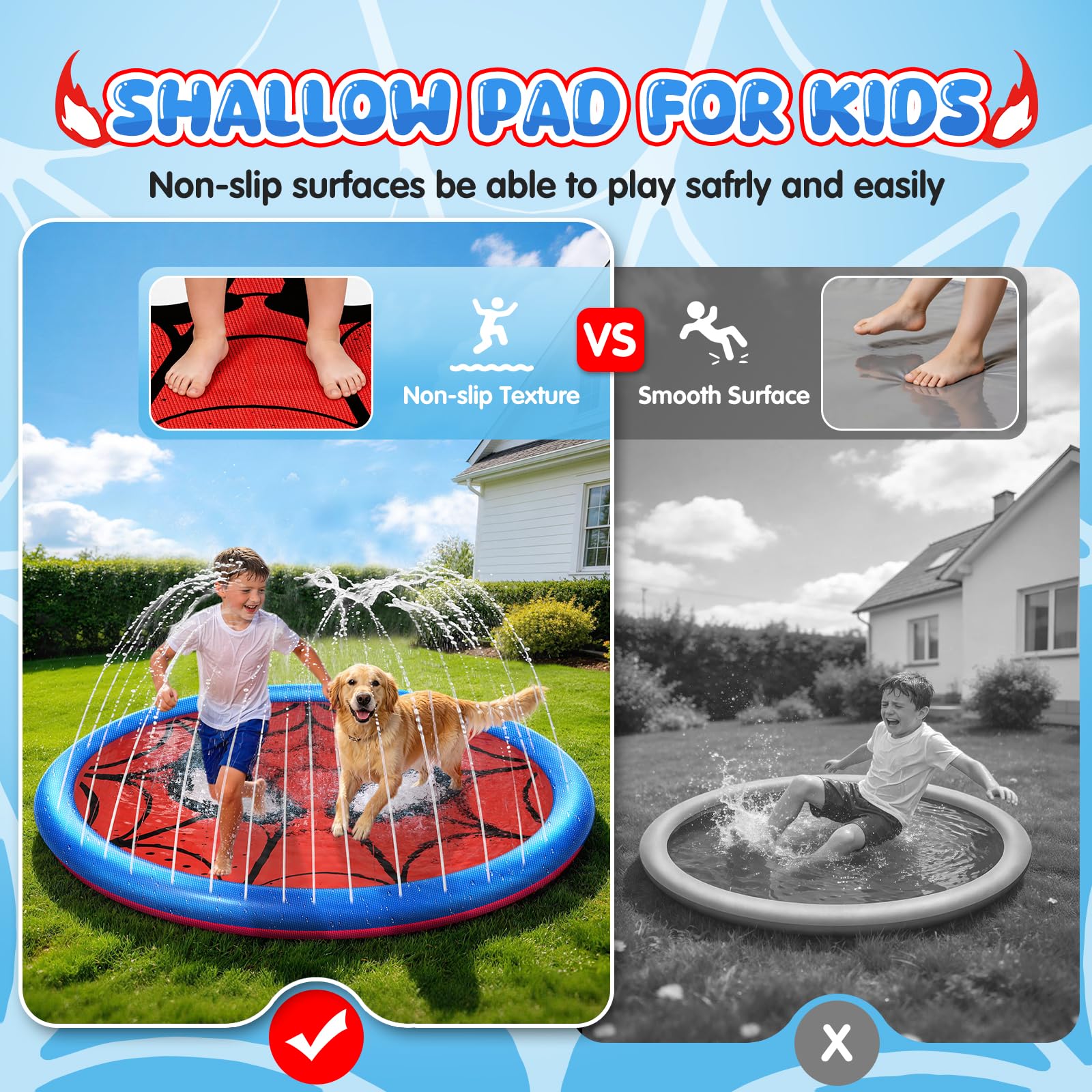 Tapis Jet d'eau Épaissi Motif Toile, Jeux d Eau Exterieur Anti-Dérapant pour Enfants et Chiens, Jouet Splash Pad d'Arrosage Extérieur d'Été pour Jardin et Activités de Plein Air (170cm)