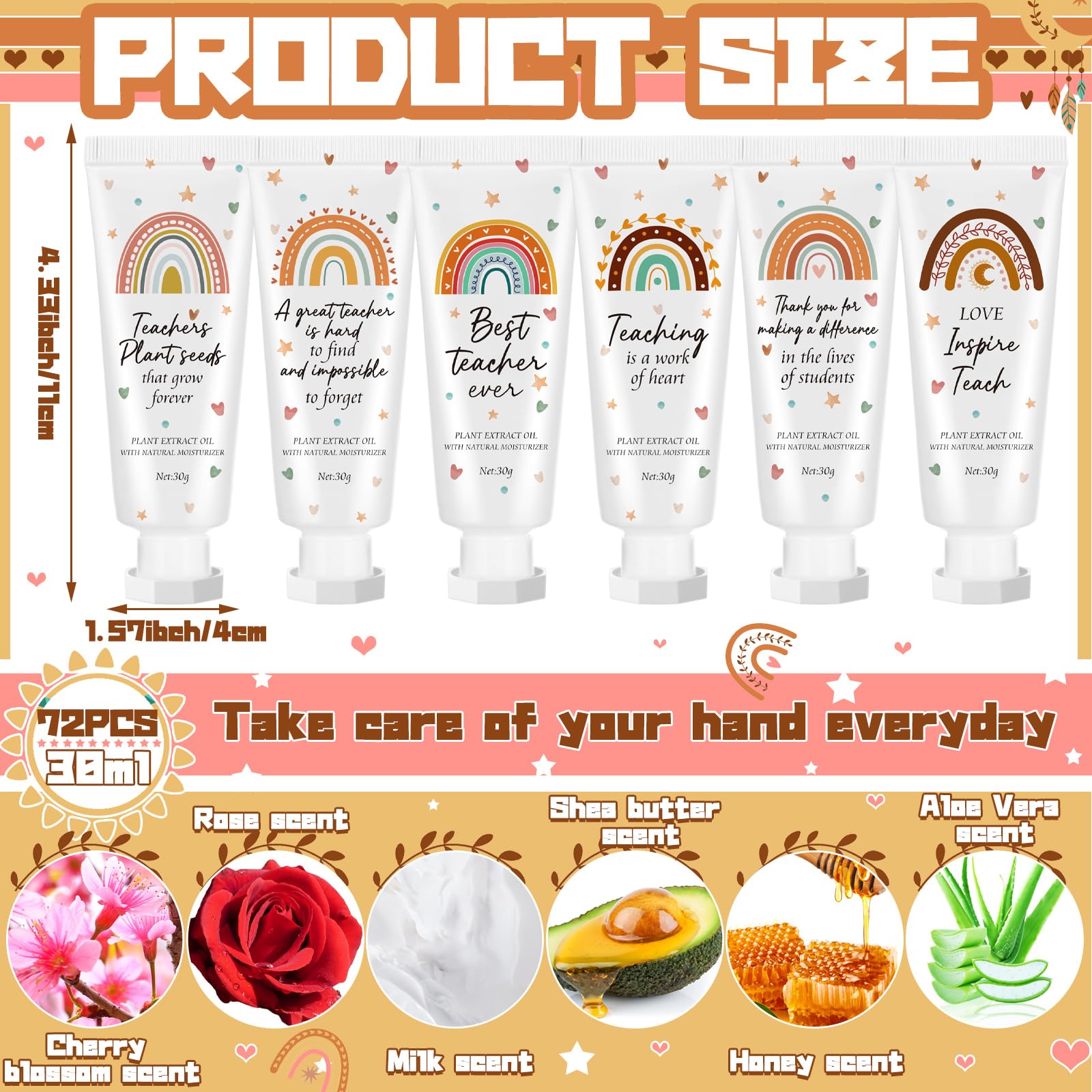 72 creme mani sfuse, regalo di ringraziamento per insegnanti a Natale, design boho arcobaleno, lozione per le mani per dipendenti e personali, regalo di ringraziamento per gli equalizzatori