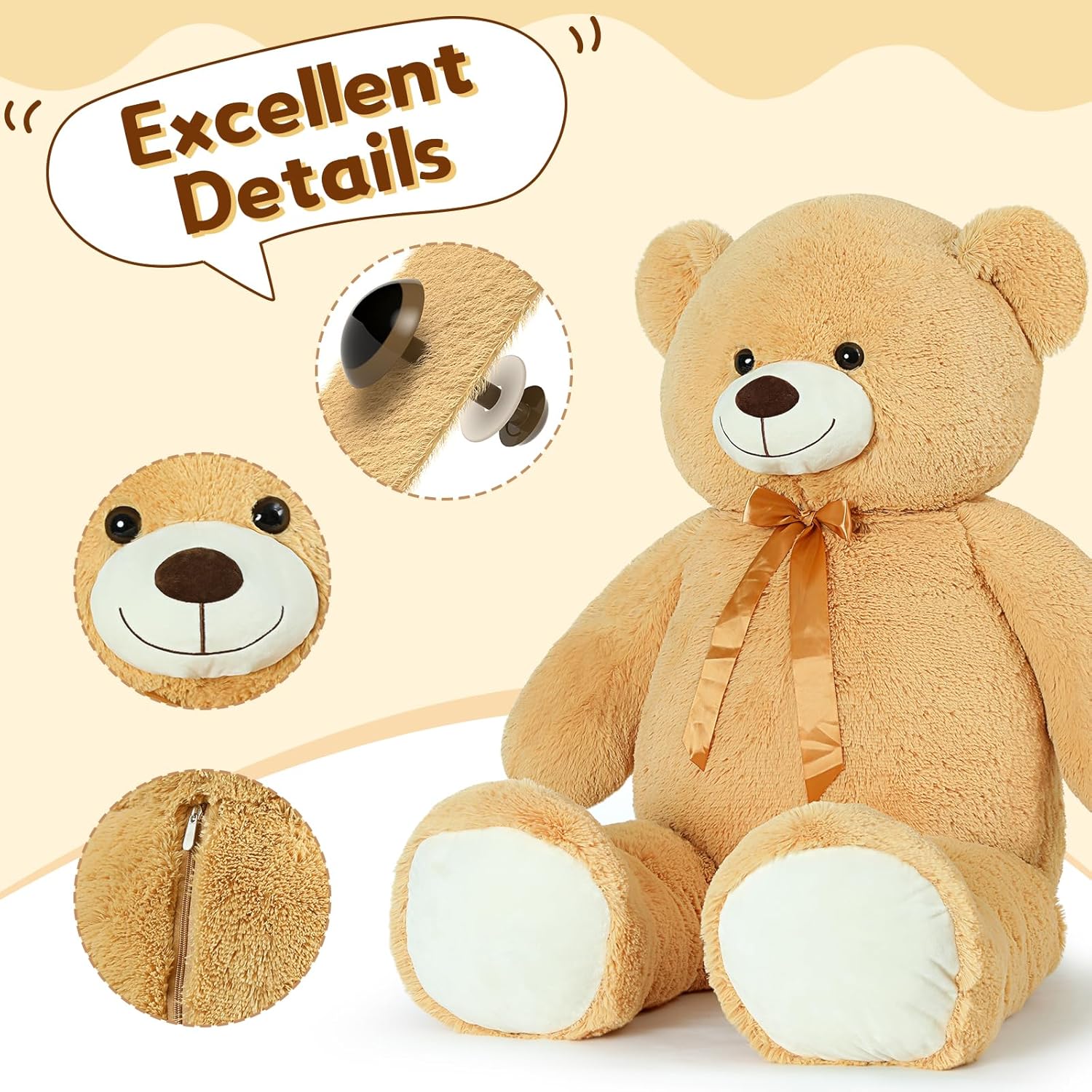 Tezituor 59" Gaint Teddy Bear Stuffed Animal,5ft Life Size Big Teddy Bears,Light Brown Cute Soft Plush Toy,Gifts for Kids Girls Boys Girlfriend Valentine,Christmas,Birthday,Baby Shower,Wedding Party - Image 9