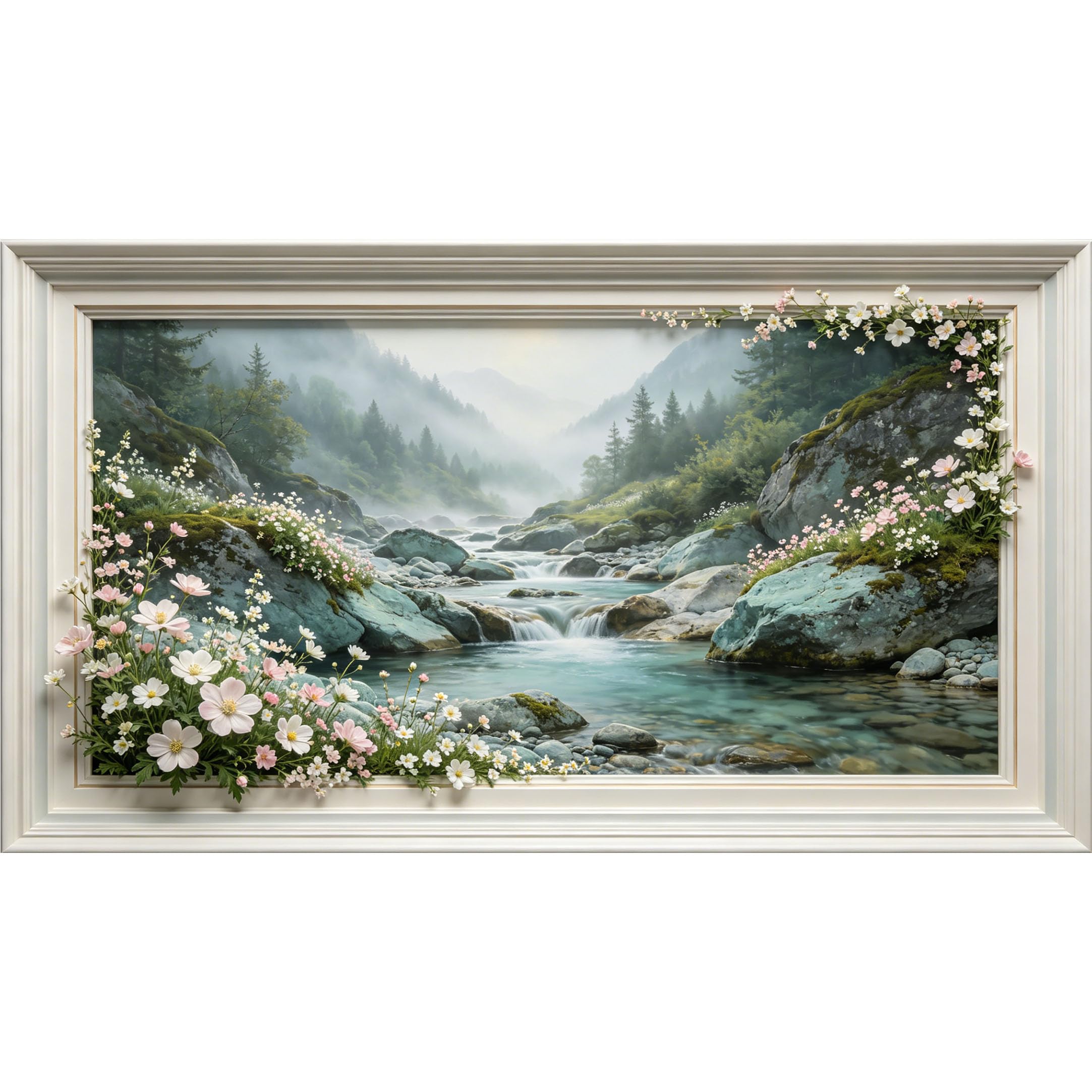 QZLITHOTIC 50×90cm3D Framed Wall Art， Misty Mountain River Floral Self?Adhesive Mural， Water?Activated Peel & Stick Fabric Decor Wall Decal for Bedroom Living Room