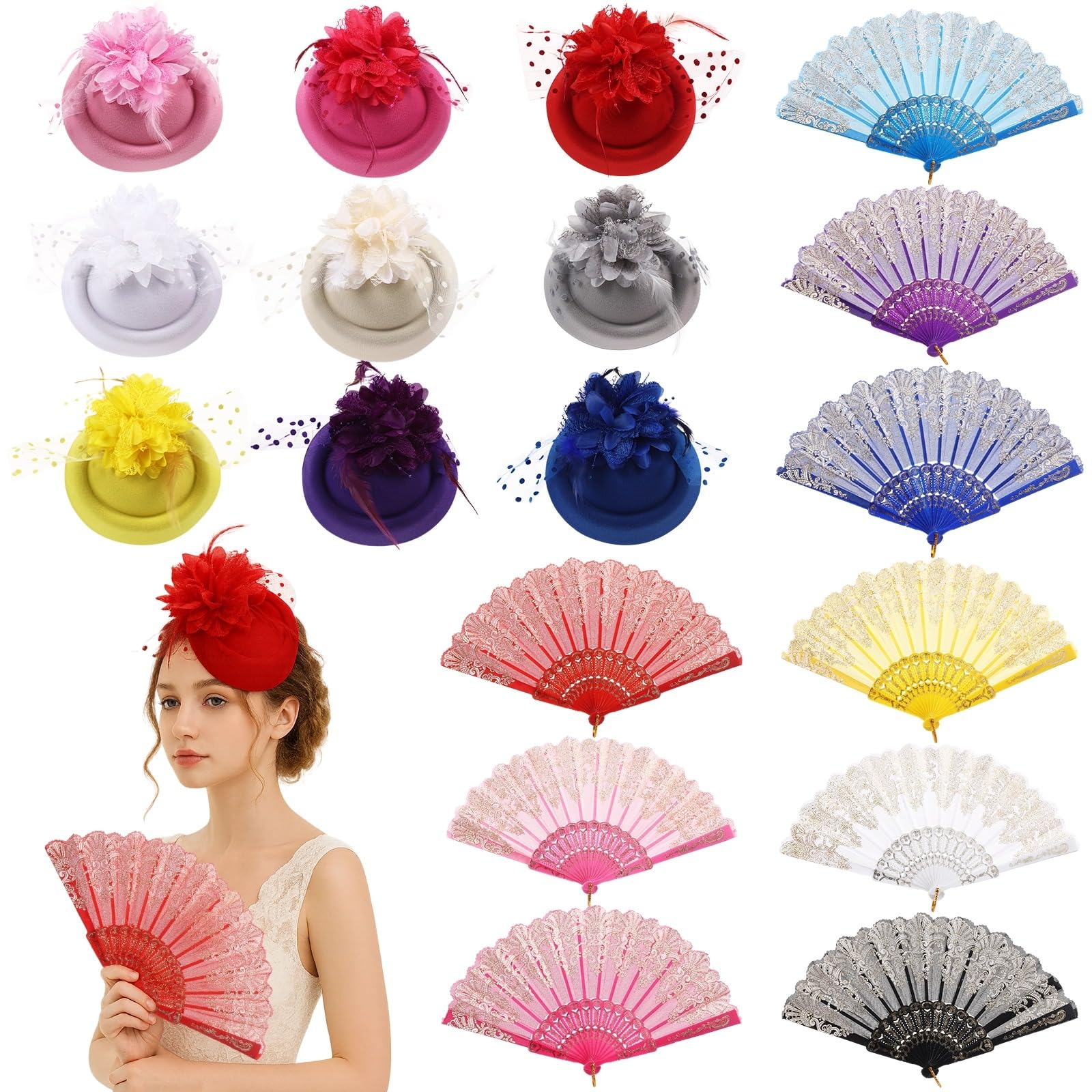 Juego de 18 tocados vintage para mujer, sombreros y abanicos plegables, accesorios de cóctel coloridos para bodas, fiestas de té, iglesia, derby y eventos formales