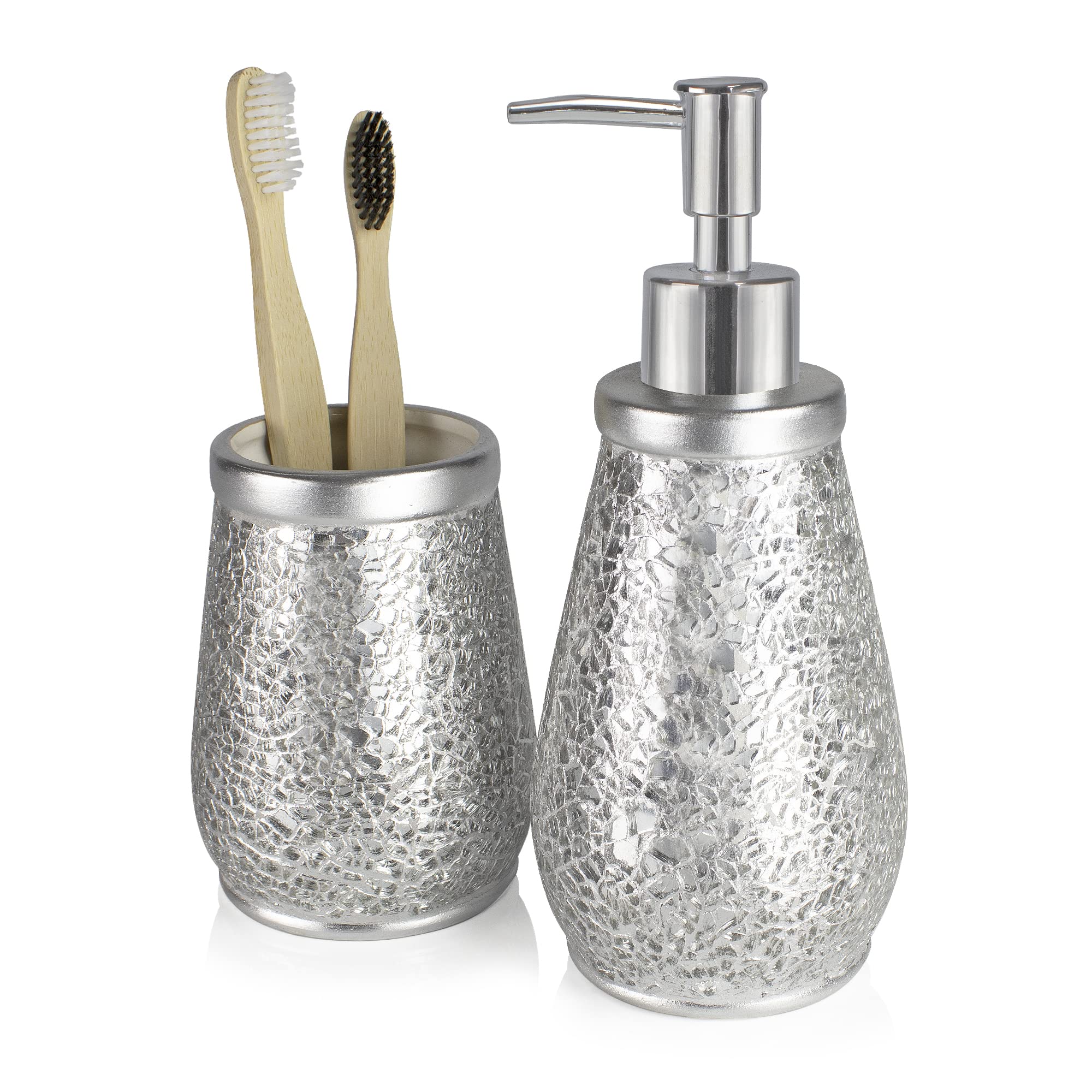 Vaso Cepillo Dientes baño | Serie Trencadis Plata | Resina y Cristal | Color Plata | para baño o Cocina | 8 cm ∅ x 12 cm Alto