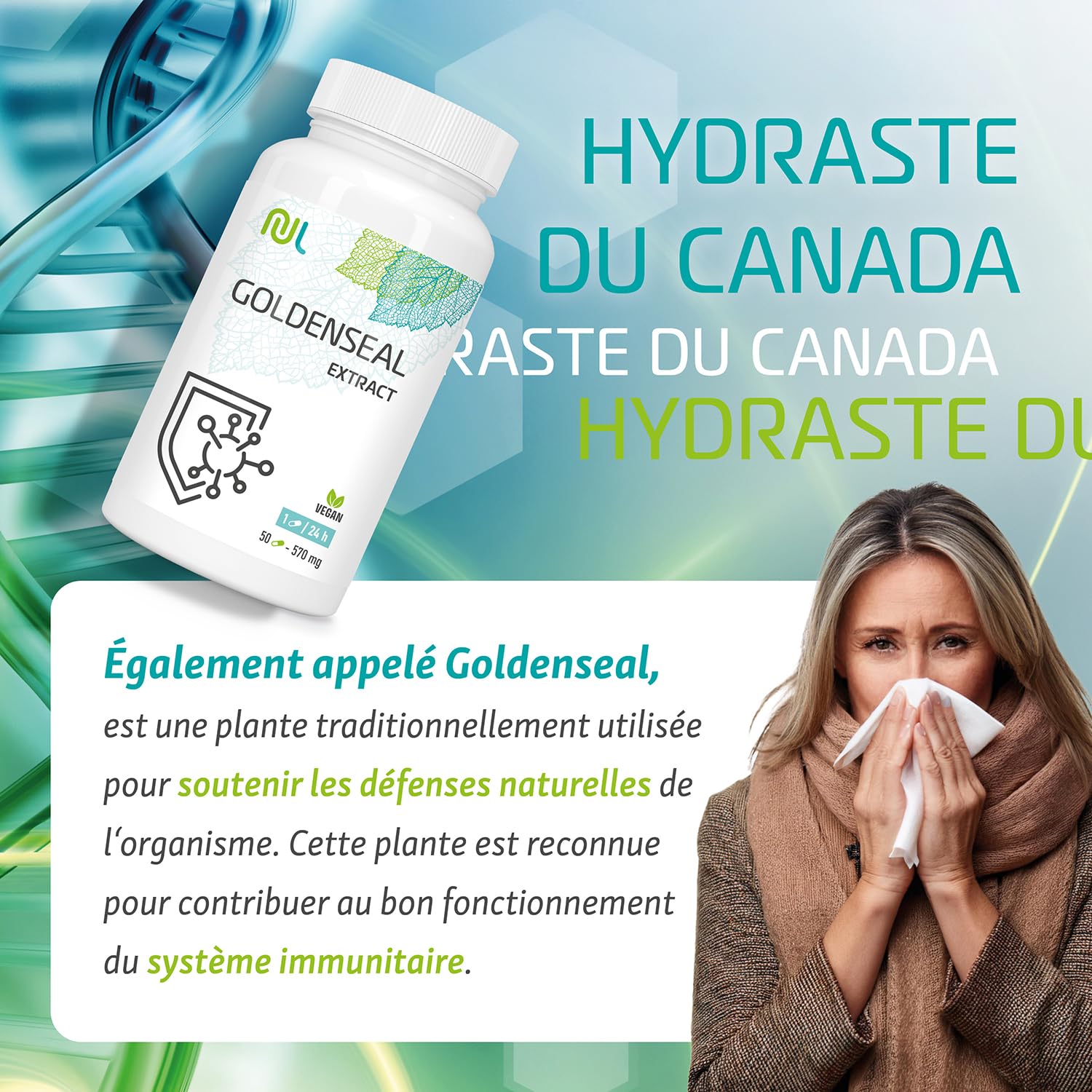 Hydraste du Canada 570 mg Goldenseal - 50 Gélules Végétales - Complément Alimentaire Naturel pour le Bien-Être - Soutien des Défenses Naturelles - Pour 1 Mois - Fabriqué en Europe - Nutri Life