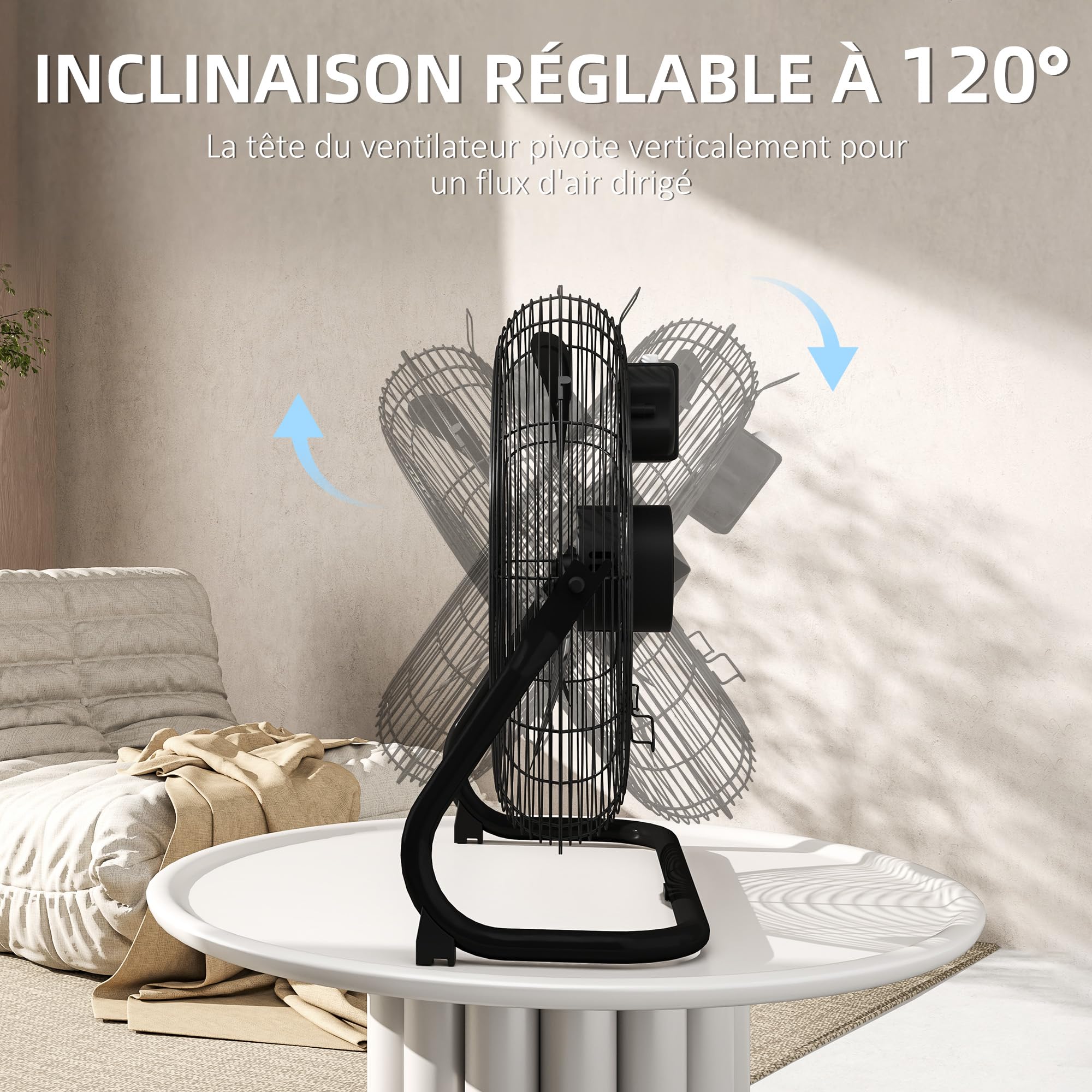 HOMCOM Ventilateur de Sol Ø59 cm Ventilateur Industriel sur pied 120 W avec 3 vitesses et inclinaison réglable à 120° en Métal pour chambre bureau Noir