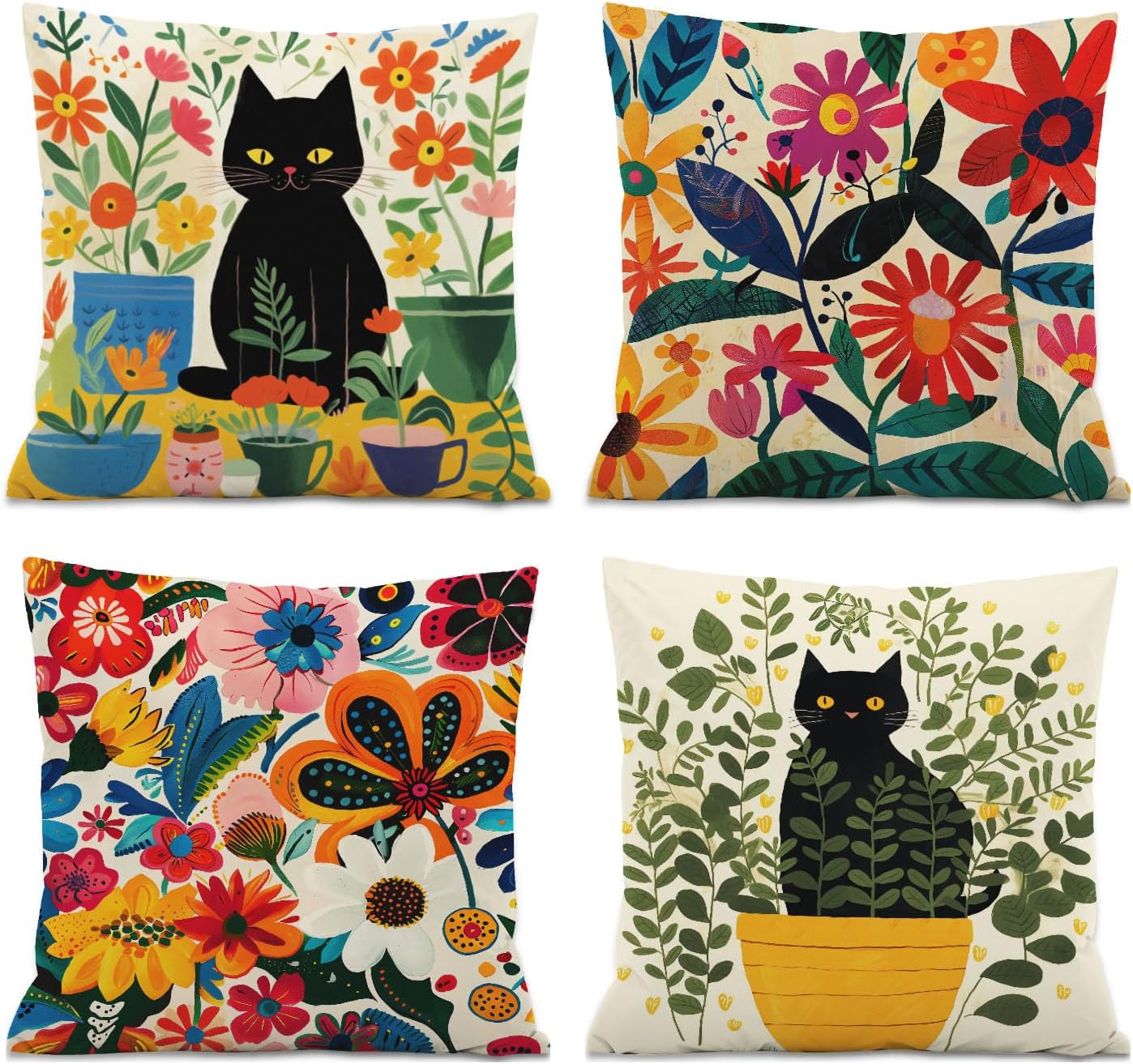 Abstract Flower Decorative Pillow Covers,Watercolor Wildflowers Black Cat Throw Pillow Covers for Home Bedroom Living Room Couch Decor,18x18 Inch Pillowcase Set of 4
