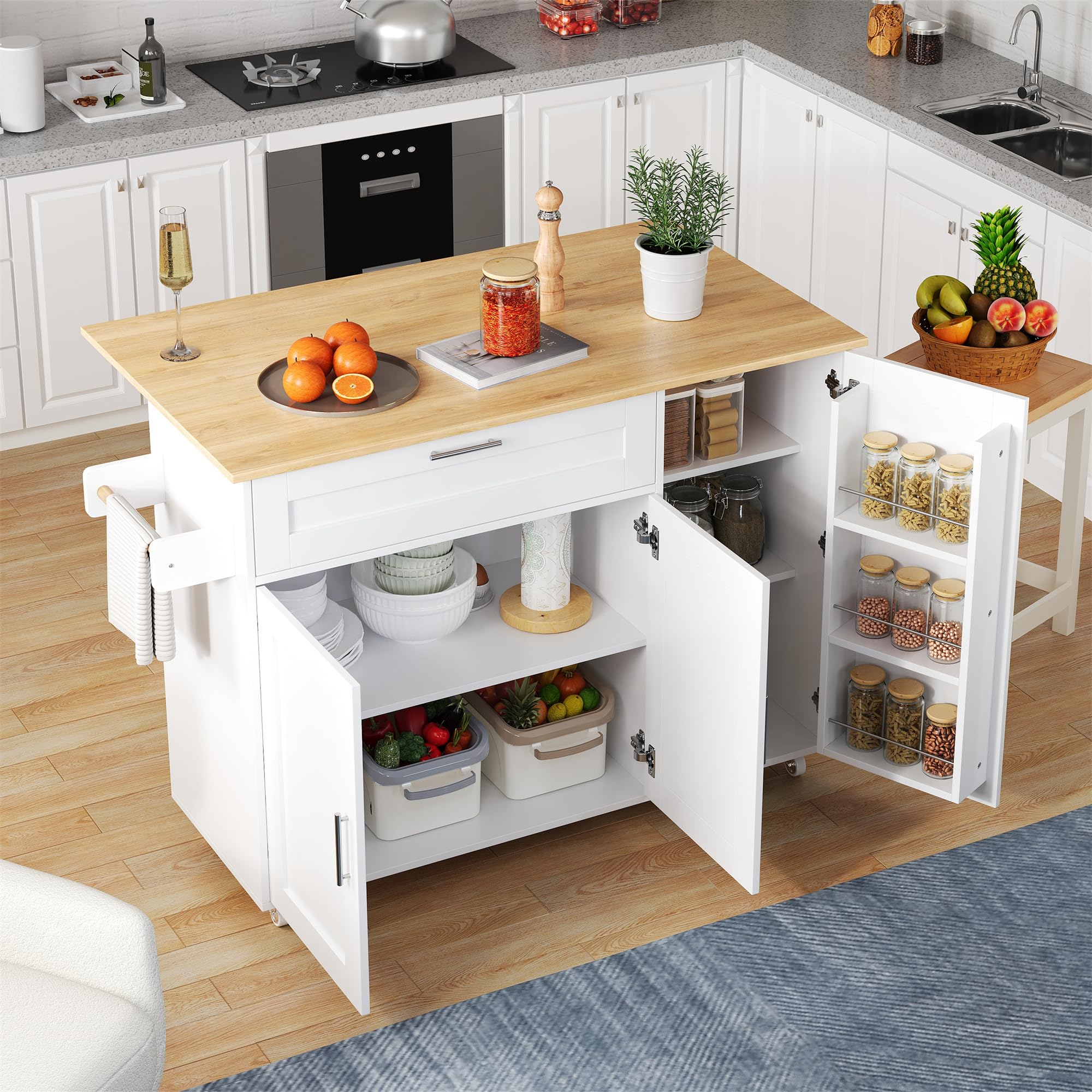 Carrello per isola da cucina con piano di lavoro pieghevole, armadio da cucina su ruote con cassetto e portaspezie e 3 ante, isola da cucina mobile, per cucina e sala da pranzo, 132,5 x 44 (70