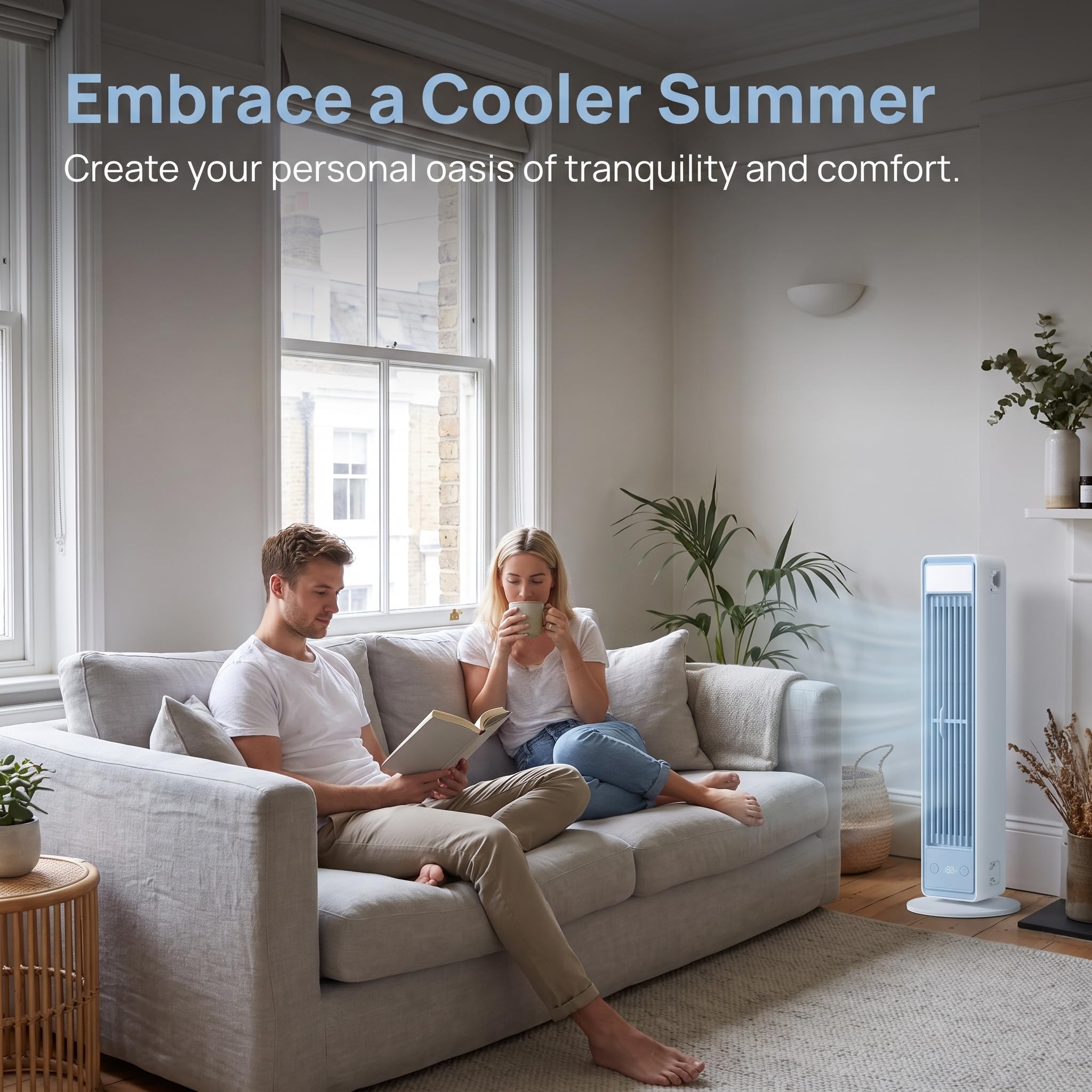 Ventilatore a Torre Silenzioso, Raffreddamento Potente 8 m/s, Telecomando Omni, Ventilatore Oscillante 48.8° con Display LED e 5 Velocità, 60% di Risparmio Energetico, per Casa e Camera