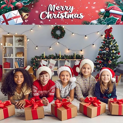 Miniatura 5 de Cartel de Navidad de 118 x 20 pulgadas, fondo rojo, cajas de regalo, campanas de acebo, sombrero de Papá Noel, decoración de pared, suministros de