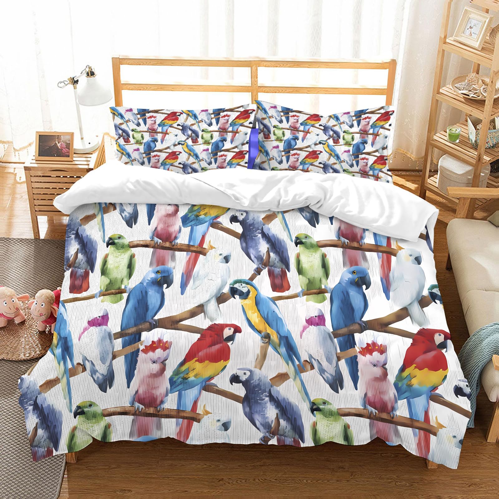Ensemble de literie 200x228 motif oiseau tropical et papier peint aquarelle perroquet