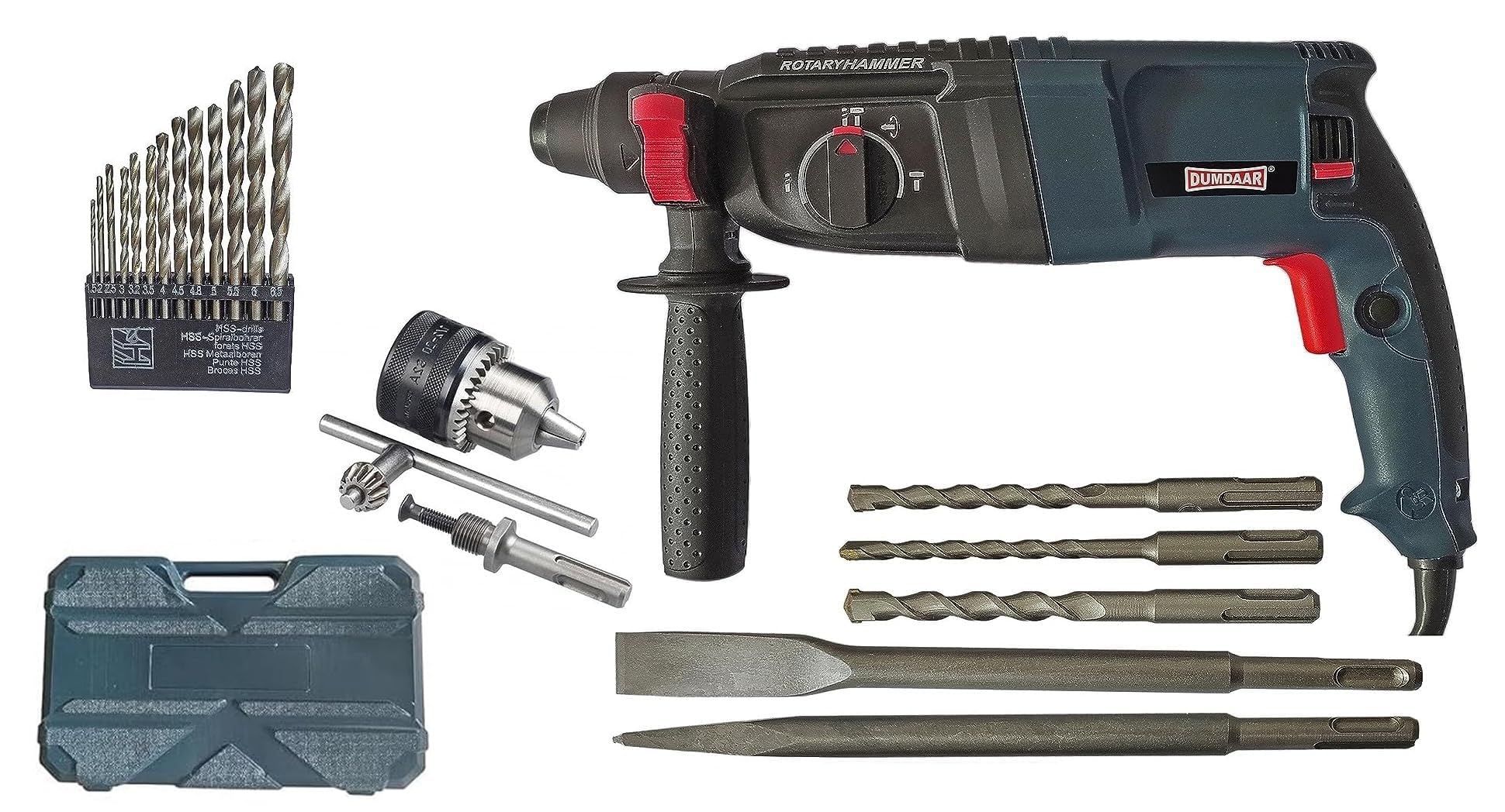 INDITRUST DUMDAAR DM26 1250W 26mm Hammer Machine with 5pc Hammer bit 13mm drill chuck & Adaptor and 13pc HSS drill set Rotary hammer (BLUE) 100% Coppe...