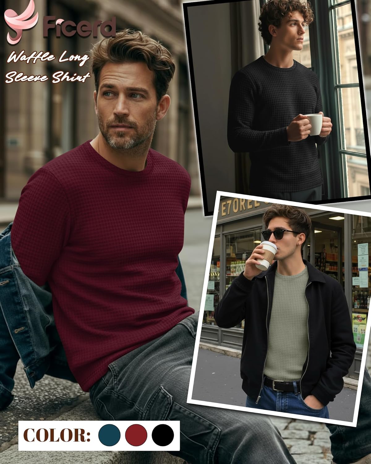 Ficerd 3 Pack Men's Waffle Long Sleeve Shirts, Crew Neck Thermal Underwear Tops Casual Pullover Sweaters Knit Undershirts