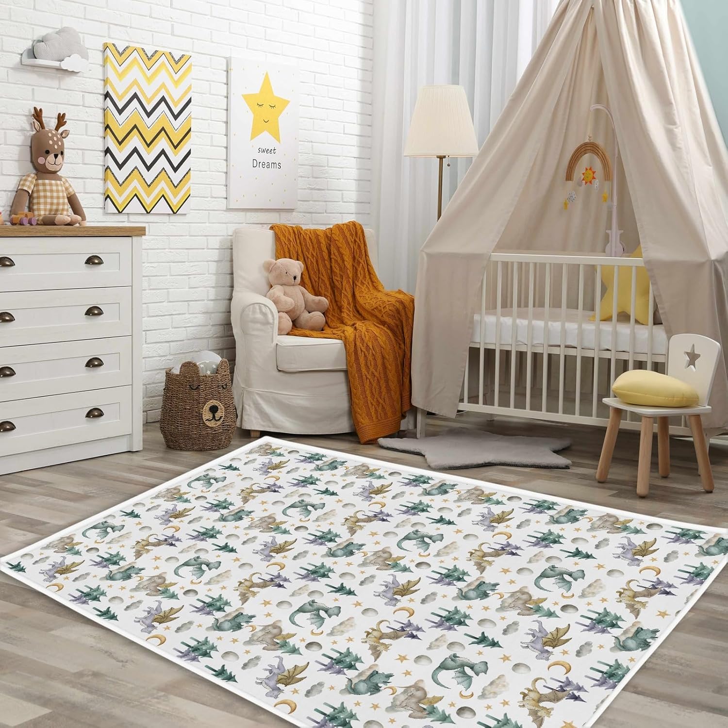 HawSkgFub Baby Toddler Boy Girl Watercolor Cute Dragon Fairy Tale Playroom Area Rug, Cloud Moon Star Dragons Egg Non Slip Nursery Play Mat Carpet, Neutral Kids Bedroom Living Room Decor