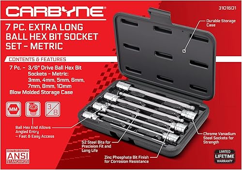 Miniatura 3 de CARBYNE Juego de llaves hexagonales (Allen) de 7 piezas con extremo de bola métrica (Allen), tamaños de 0.118 in a 0.394 in, accionamiento de 3/8