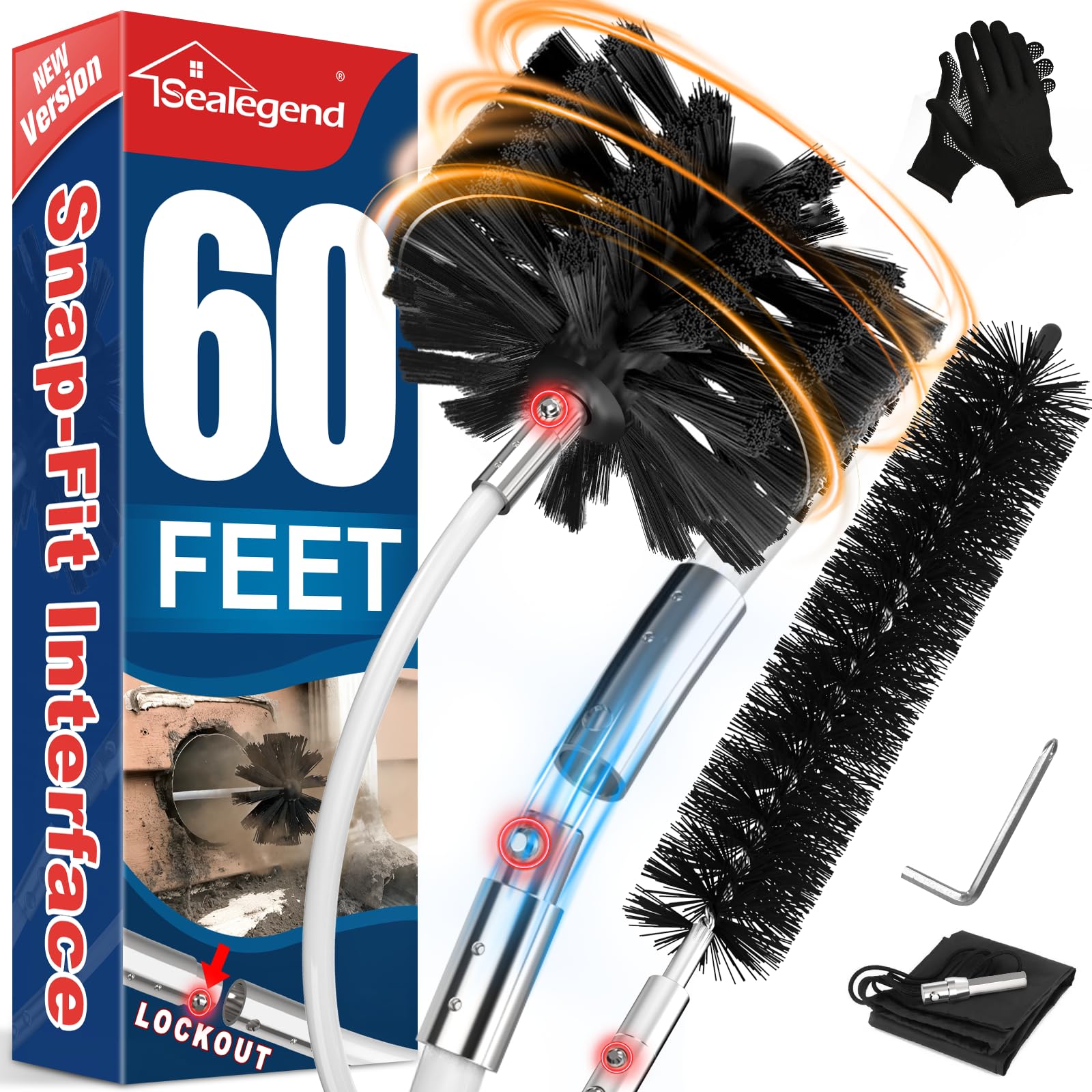 Sealegend 60 Feet Dryer Vent Cleaner Kit/Lint Remover/2×Upgraded Flexible Quick-Snap Brush/Fireplace Chimney Brushes for Easy to Use/Works Well with/Without a Power Drill