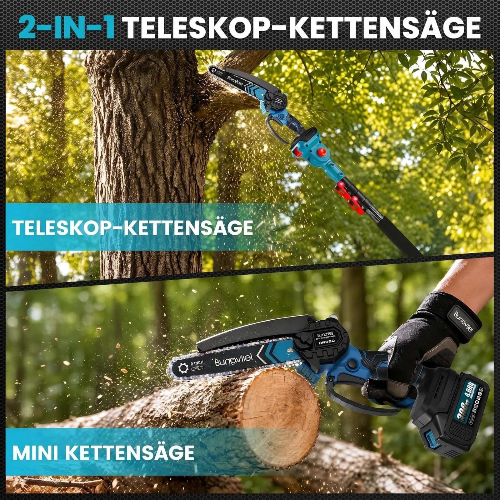 2-in-1 Akku Kettensäge Teleskop Astsäge Elektro Kettensäge Kompatibel mit Makita Akku, 8 Zoll Bürstenlos Mini Astsäge Akku, 2x4000mAh Batterien, 4,6m Arbeitshöhe, Öltank für Garten Baumschnitt