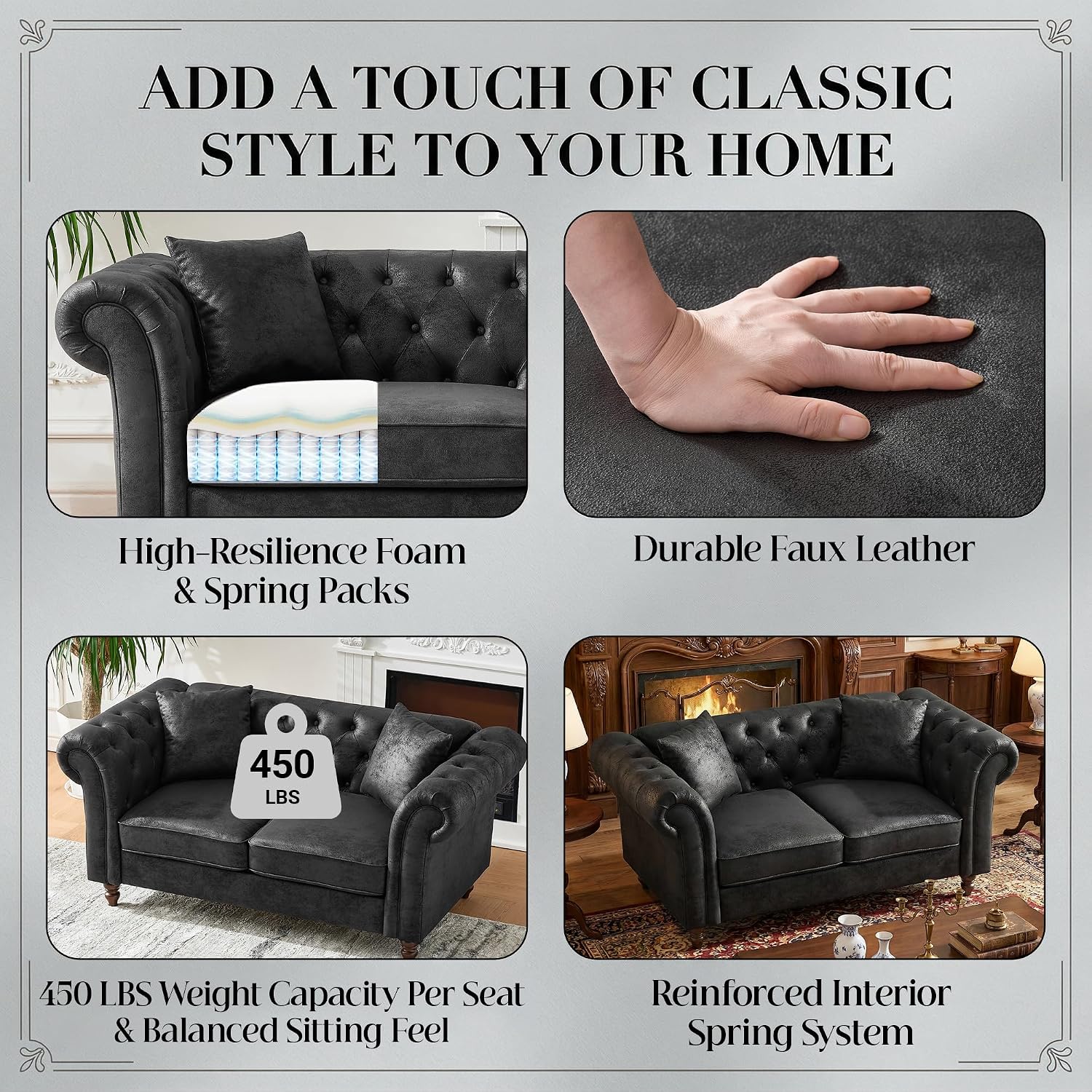 Chesterfield Leather Sofa, 66" Classic Love Seat Couches with Deep Button Tufting & Rolled Arms, Vintage Upholstered Faux Leather for Living Room Office, Distressed Black