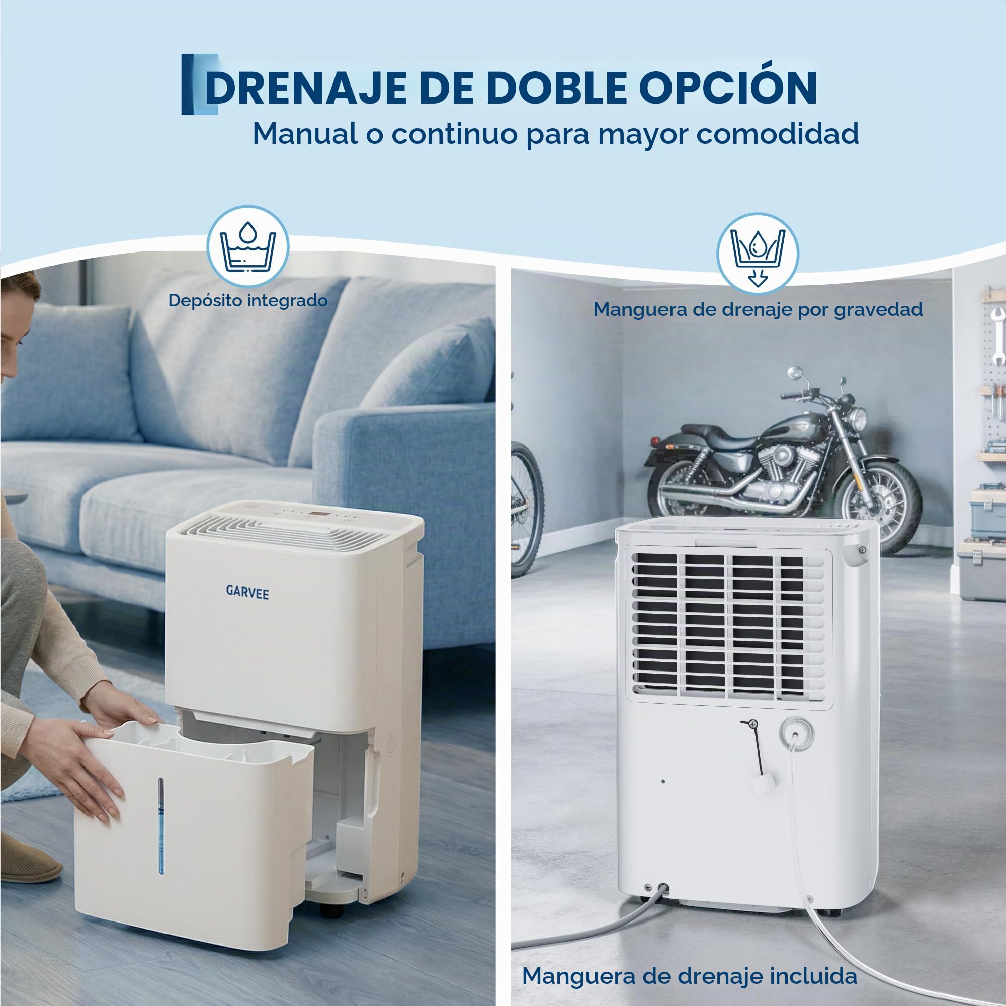 GarveLife Deshumidificador 20L/Día para Habitaciones hasta 280 m², Extractor de Humedad Eléctrico Silencioso, Drenaje Continuo, Pantalla Digital, Portátil para Hogar, Sótano, Baño, 32x22x50cm