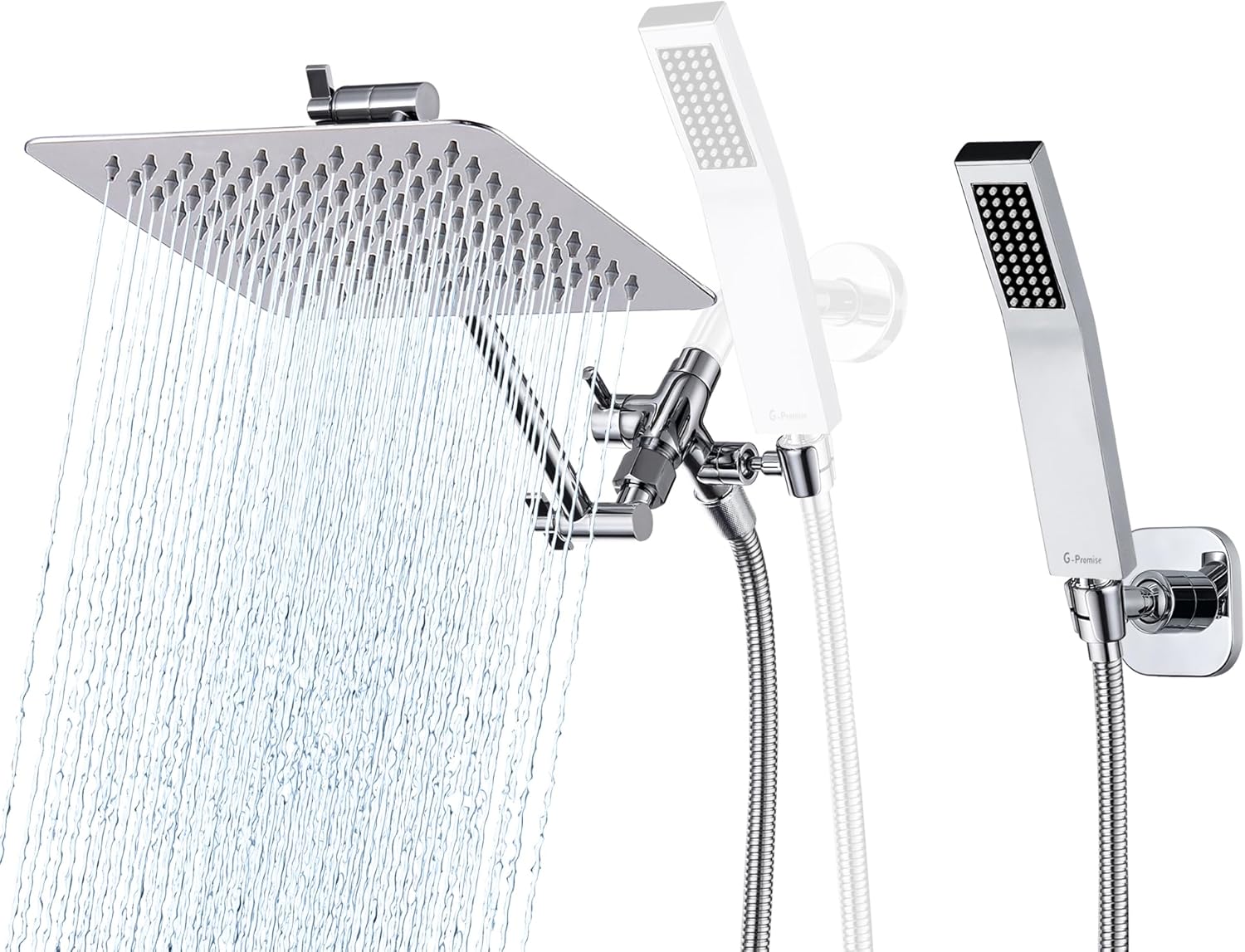 G-Promise All Metal 8 Inch Dual Square Shower Head with Handheld Spray Combo, Adjustable Wall Mount Shower Wand Bracket, Strong Adhesive Disc Mount or Drill Installation