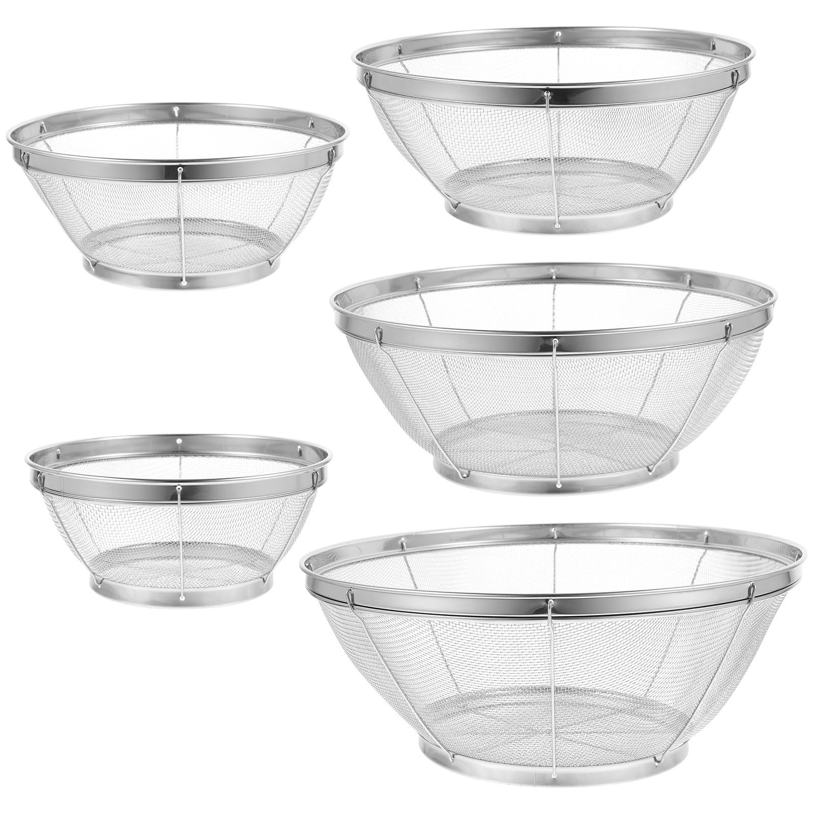 Happyyami Coladores de Acero Inoxidable 5piezas Malla Fina y Forma Redonda para Lavar Frutas y Arroz en Cocina, Resistentes y Fáciles de Limpiar