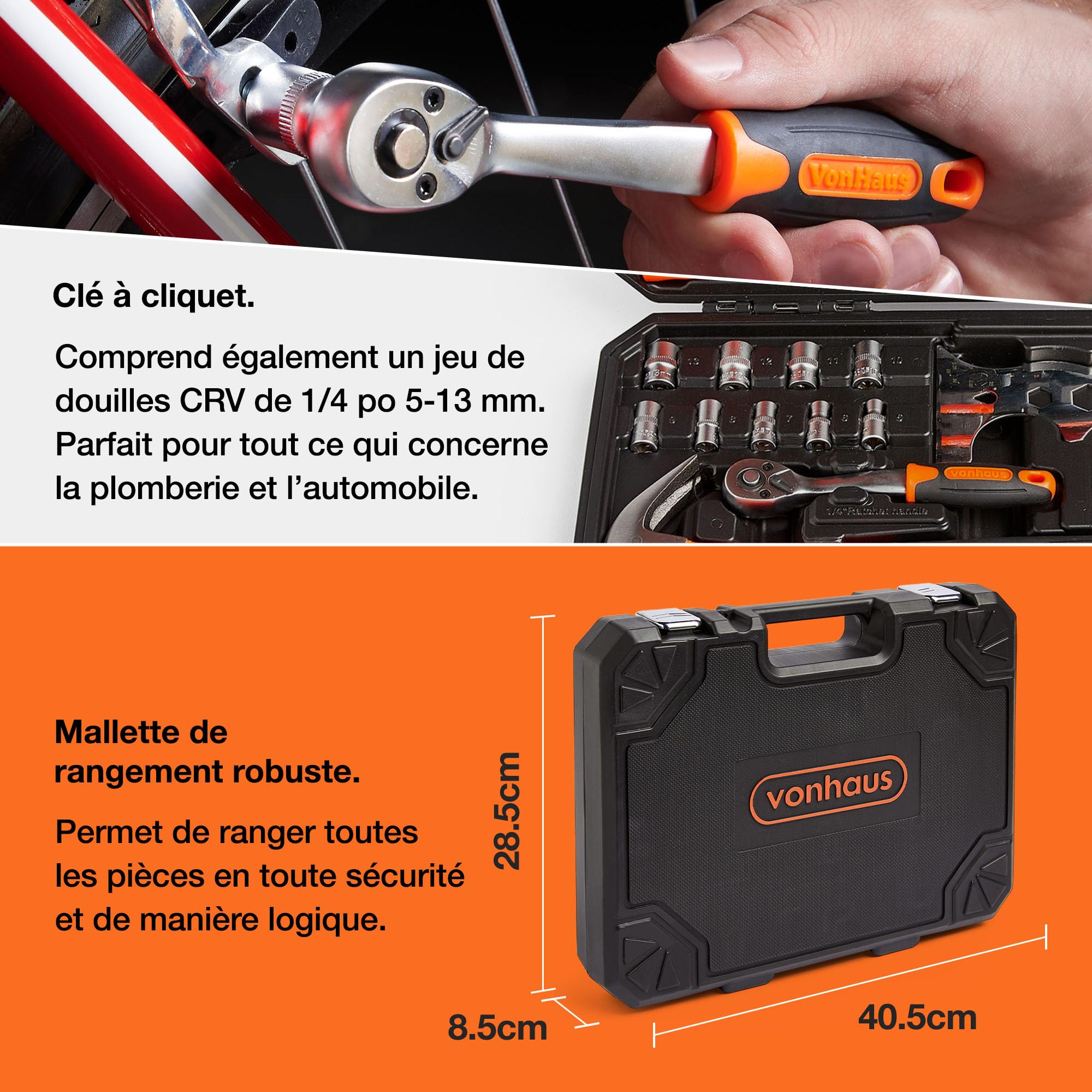 VonHaus Caisse à Outils - Complet Boite de 120 Pièces - Boîte à Outils Manuels, avec Lampe de Poche LED, Clés Hexagonales, Ruban à Mesurer & Mallette de Transport
