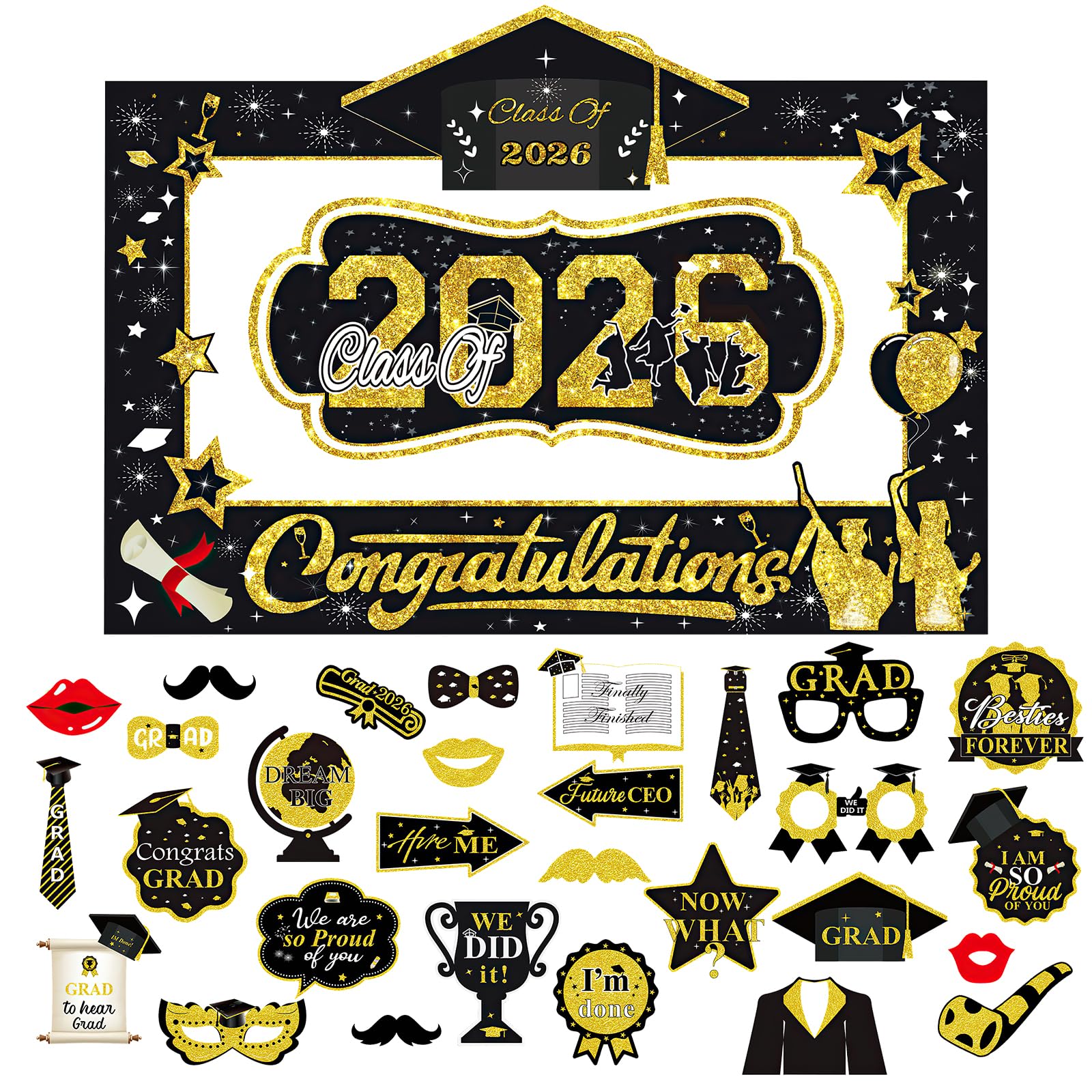 30 Pcs Class Of 2026 Graduation Photo Booth Props, Graduations Photo Booth Frame, Grad Decorations Selfie Frame, Graduation Decorations for Paper Props Fancy Eyeglasses Class Of 2026 Party Supplies
