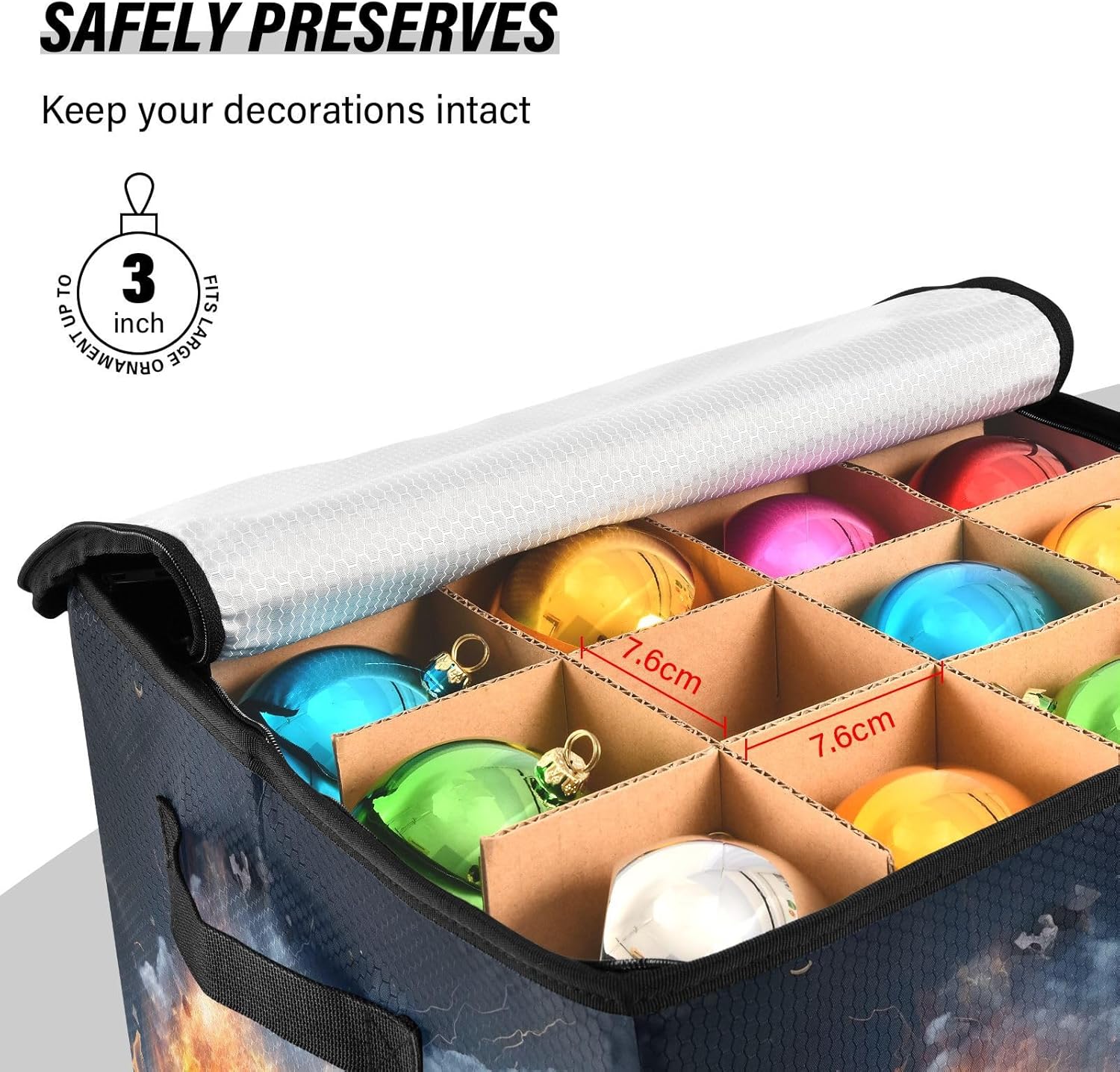 Baseball Fire 13 Inch Christmas Ornament Storage Box with Lid - Holiday Decor Storage Containers, Stores 64 Ornaments, 3 Inch Cube Compartments
