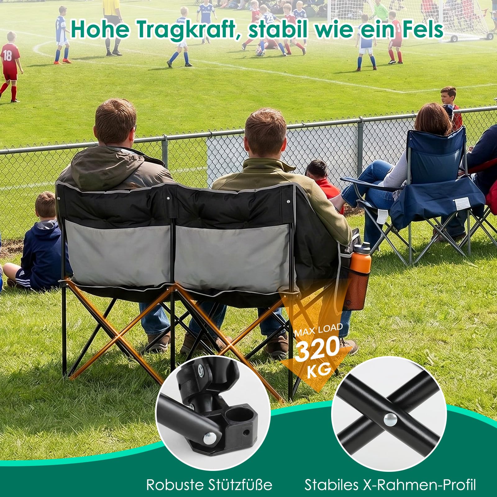 LIFERUN Campingsofa für 2 Personen 320KG, Camping Sofa mit 2 Sitzer, Grau | Doppel Campingstuhl Faltbar, Campingsessel Gepolstert, Rückentasche, Lagerungstasche, Seitentasche, für Outdoor,Angeln,Strand