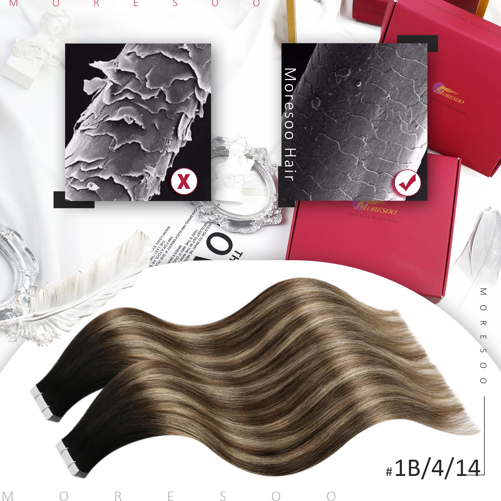 Moresoo Tape in Hair Extensions Human Hair 22 Inch Balayage Natural Black to Dark Brown with Dark Blonde Ombre Tape in Hair Extensions Remy Human 20 Pieces/50g #1B/4/14 - Image 2