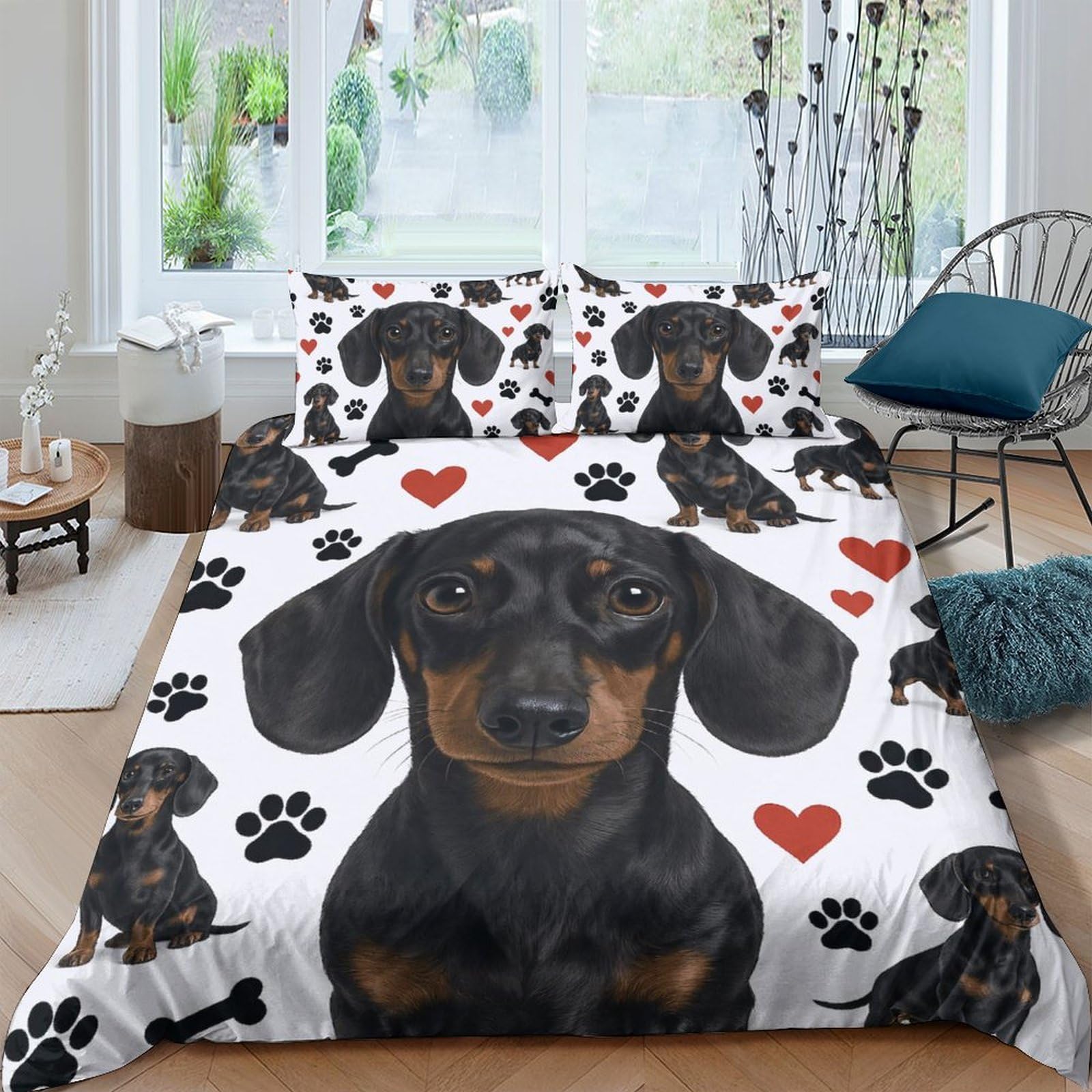 Ctjqhvkz Style-10 3D Printed Dachshund Dog Fitted Sheet Microfiber Soft Anti-Slip Heart Paw Bed Cover For Bedroom Guest Room Mattress Protection Single（135X200cm）