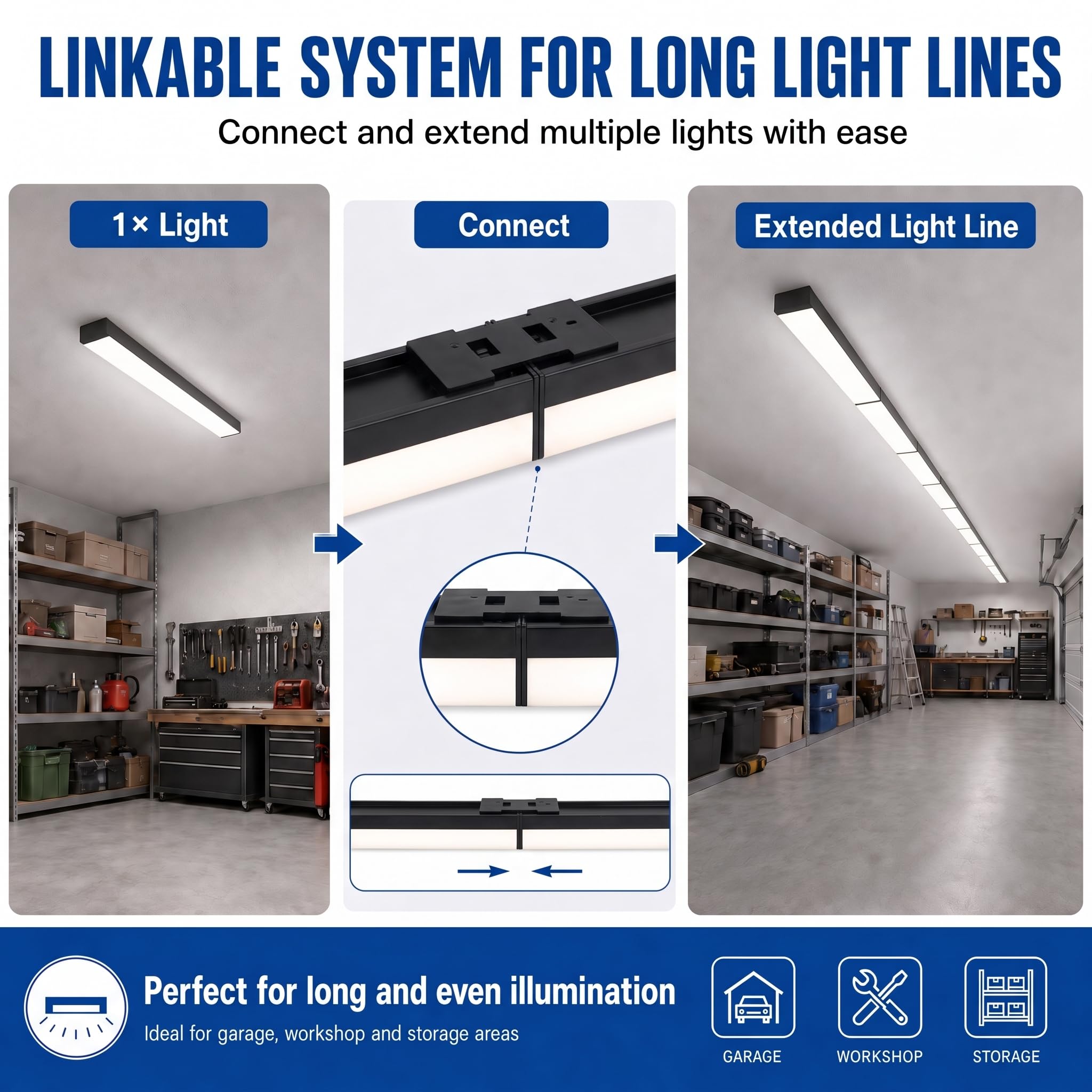BrightFly Striscia luminosa a LED nera, 120 cm, confezione da 2 pezzi, spina UE 3CCT | 3 temperature di colore 3000 K/4000 K/6500 K, 3610 lm, moderna lampada da soffitto per cucina, garage, cantina e officina