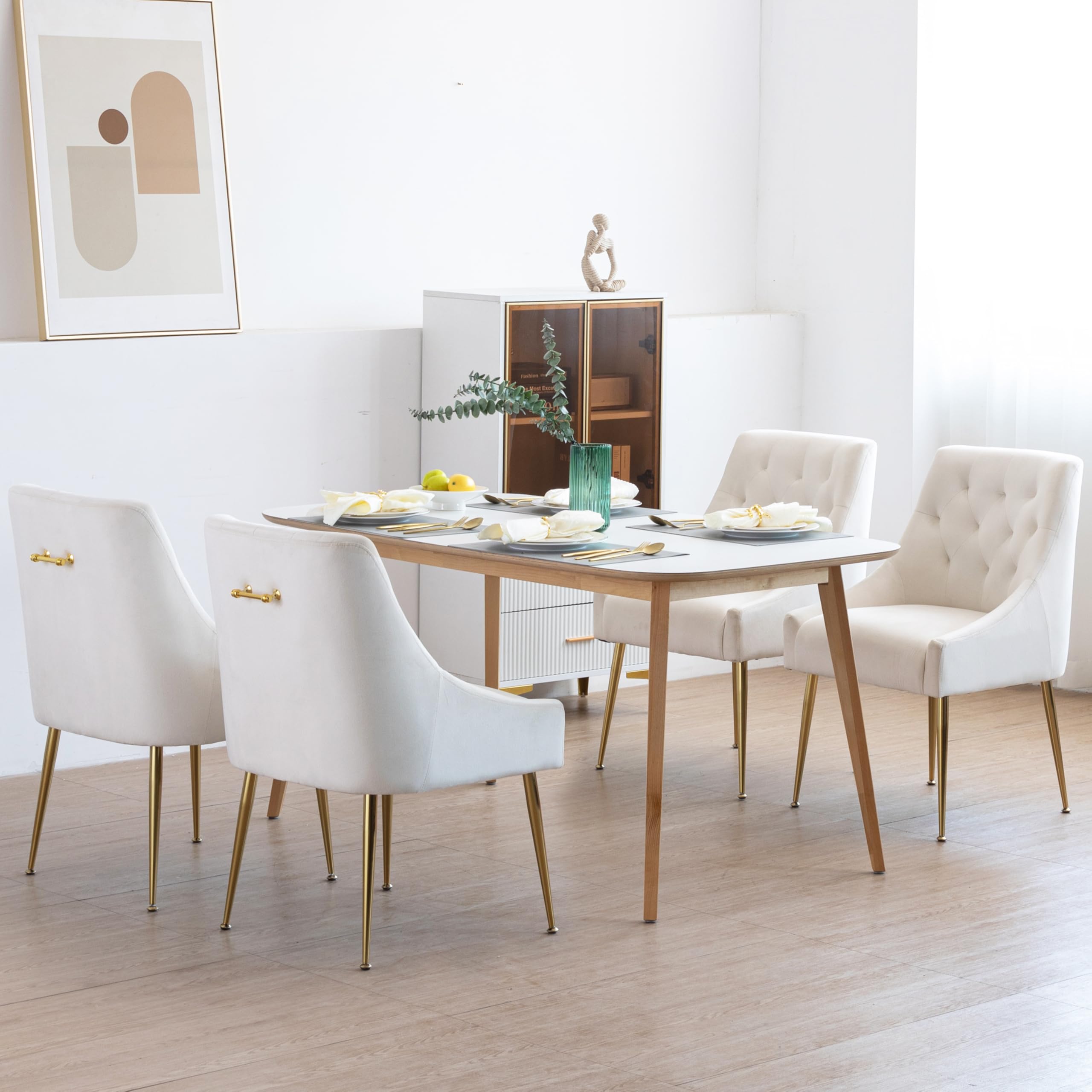 Sillas Comedor Pack 4 de Terciopelo, Sillas de Comedor Modernas, con Asiento Acolchado y Respaldo ergonómico con Patas Metálicas para Cocina/Salón/Restaurante (Beige)