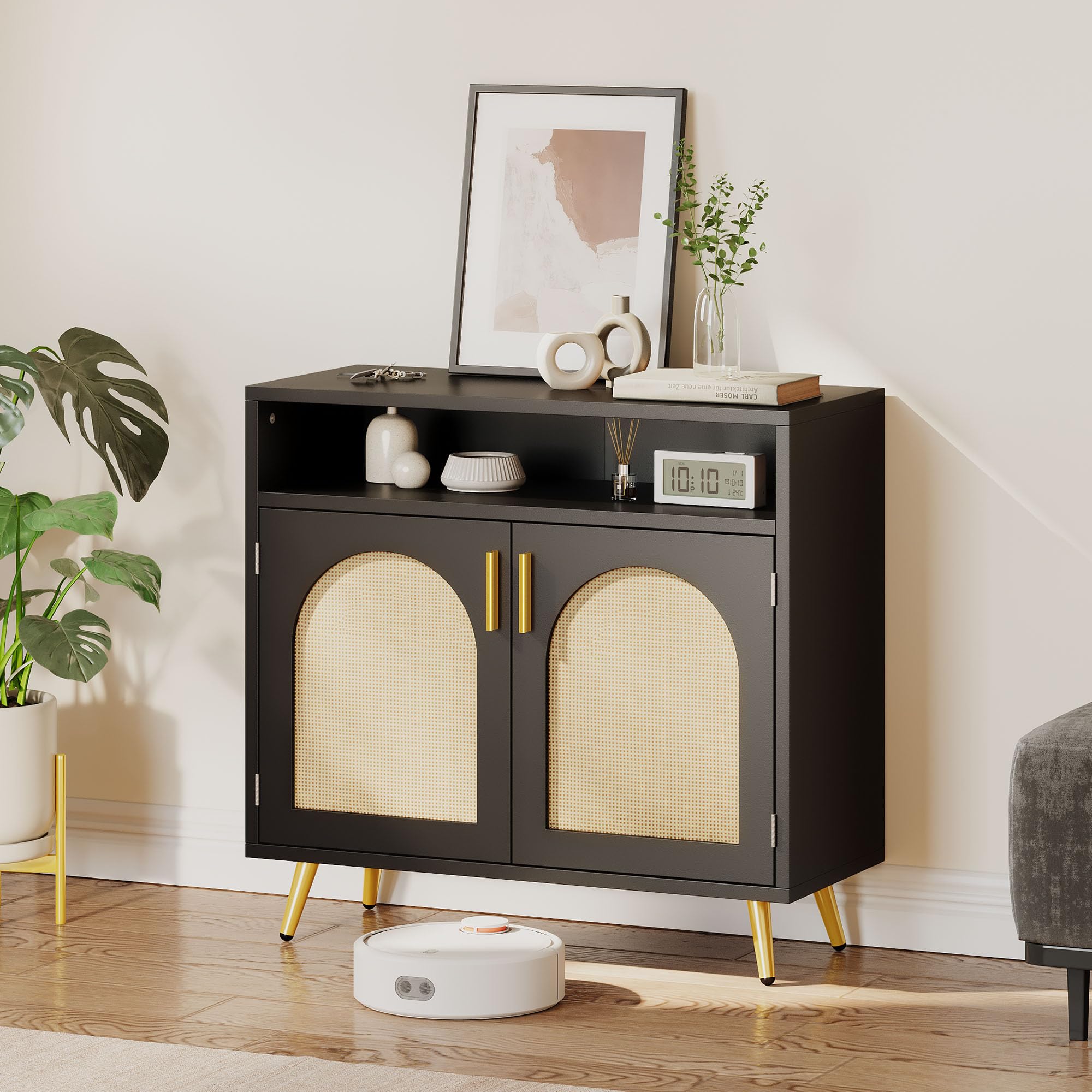 YITAHOME Sideboard Schwarz, Rattan Buffetschrank, Küchenschrank 80x35x75cm