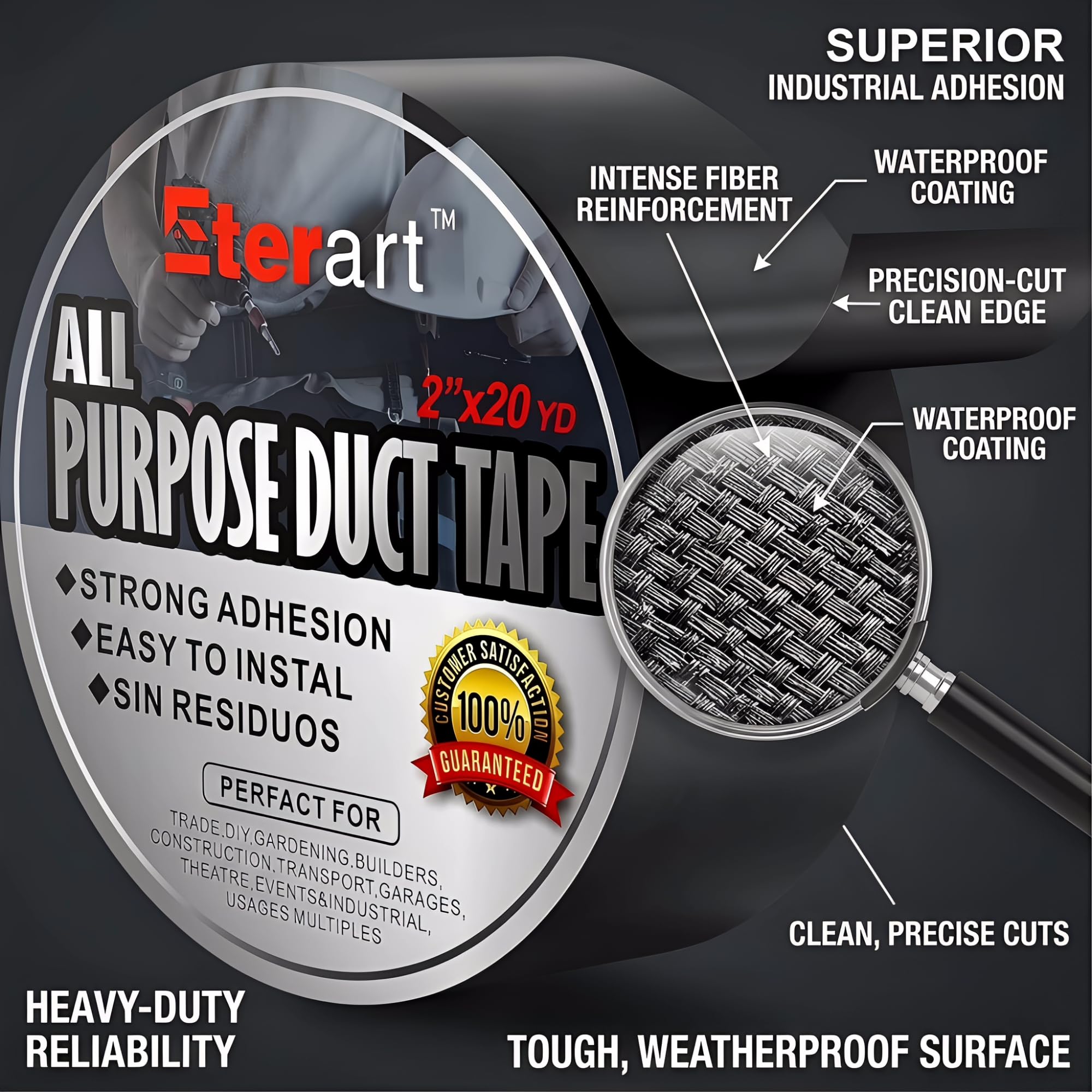 Eterart Cinta adhesiva Haevy Duty resistente industrial de máxima resistencia, cinta negra, sin residuos ni desgarros a mano, multiusos, uso en interiores y exteriores, 2 pulgadas x 20 yardas