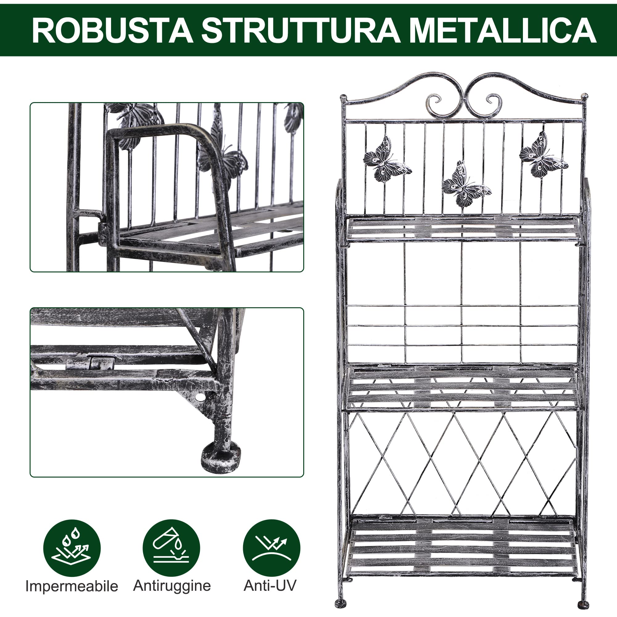Fioriera 3 Ripiani Pieghevole Porta Piante Esterno 44x25x96 cm Argento | Balcone, Giardino, Metallo