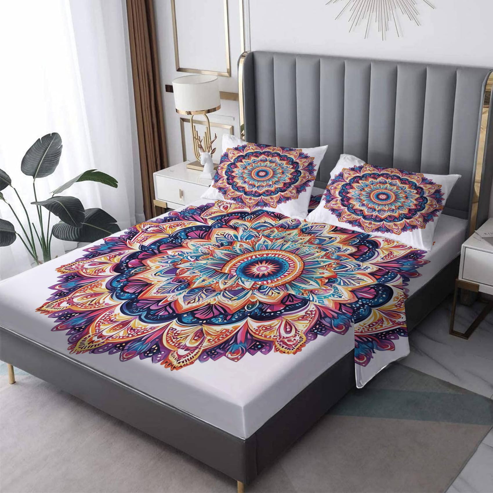 Zvynqour Mandala Bed Sheets Twin Size - Bohemia Sheet Set - Deep Pocket Fitted Sheets & Flat Sheet & Pillowcases 3 Piece - Boho Lotus Bedding & Decor - Soft Brushed Microfibe
