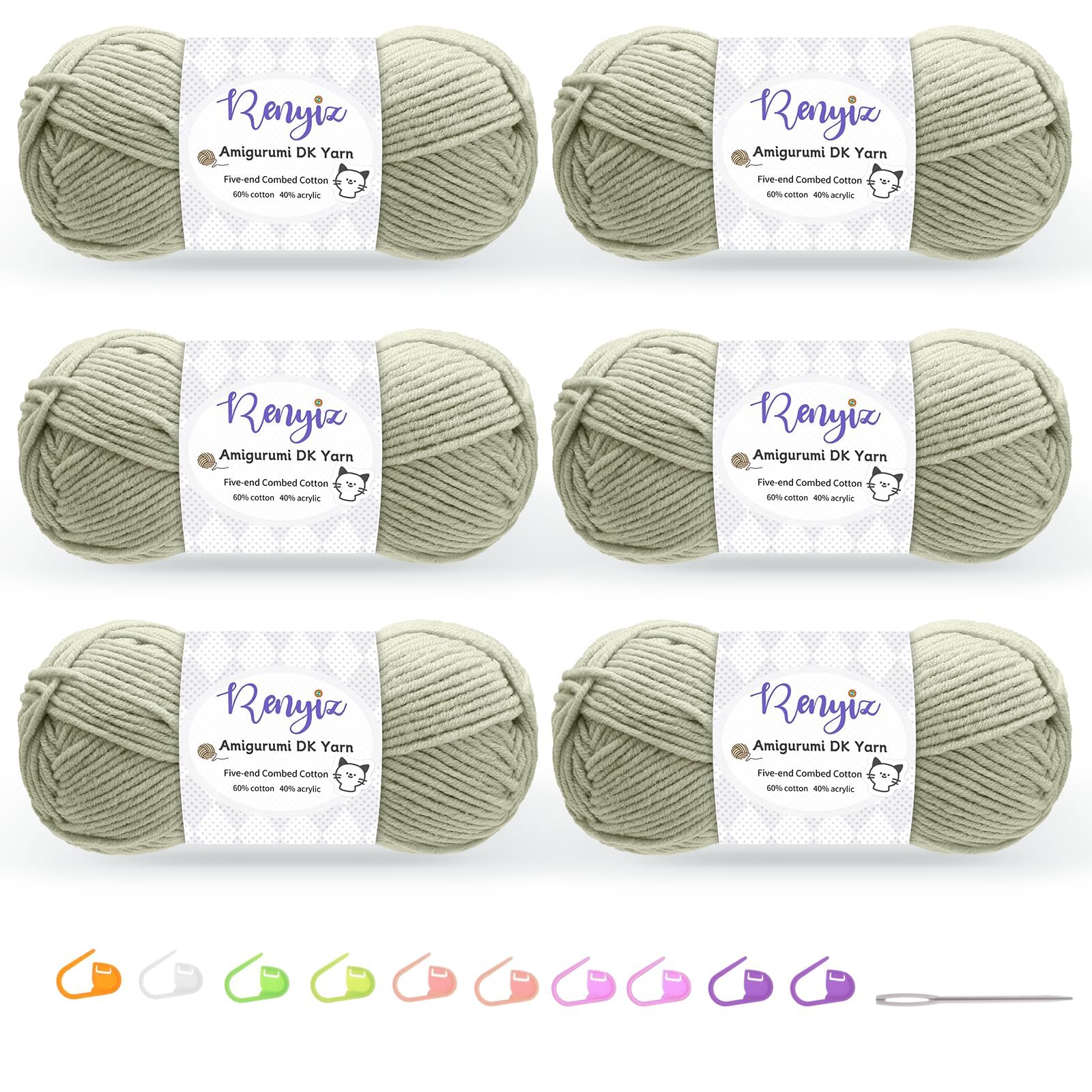 Renyiz Crochet Yarn, 6 x 50g Cotton Yarn (60% Cotton & 40% Acrylic) DK Wool for Crochet with 2.5mm Hook & Accessories, Suitable for Baby Wool Crafts & Knitting Khaki