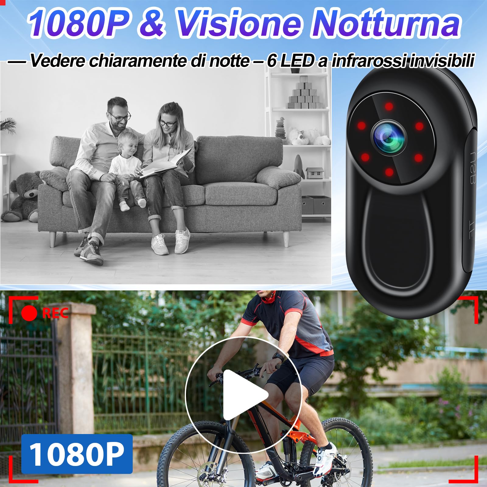 Mini Bodycam 1080P Schermo 0,96" Supporto Magnetico, Visione Notturna | leggero 27,5g, batteria 120min, grandangolo 120°, 7 supporti, 256GB SD, ricarica USB-C, 6 LED IR