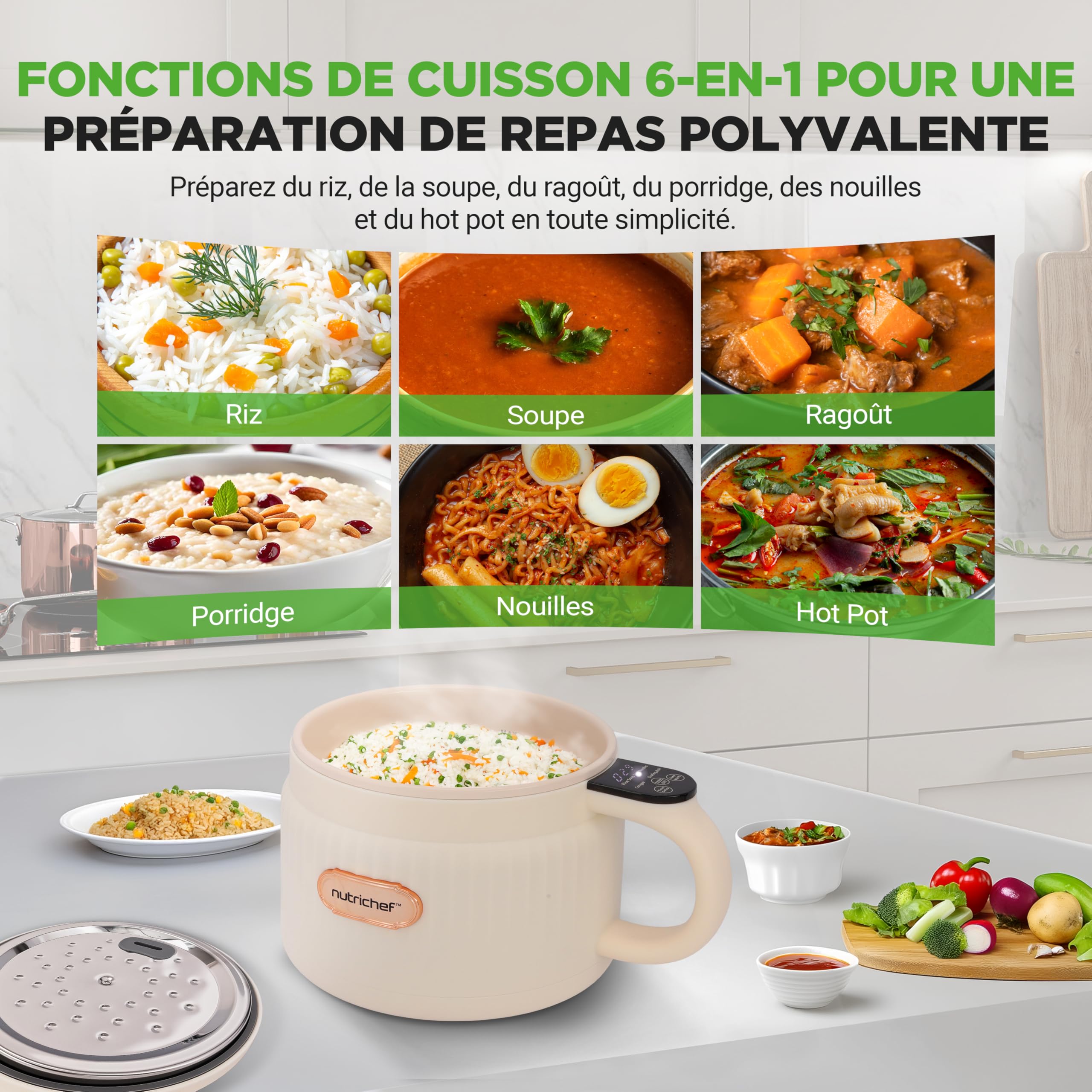 NutriChef Cuiseur à Riz Électrique Portable 1,5 L (6 Tasses) – Multicuiseur à Revêtement Céramique, Écran Numérique et 6 Programmes, Blanc.