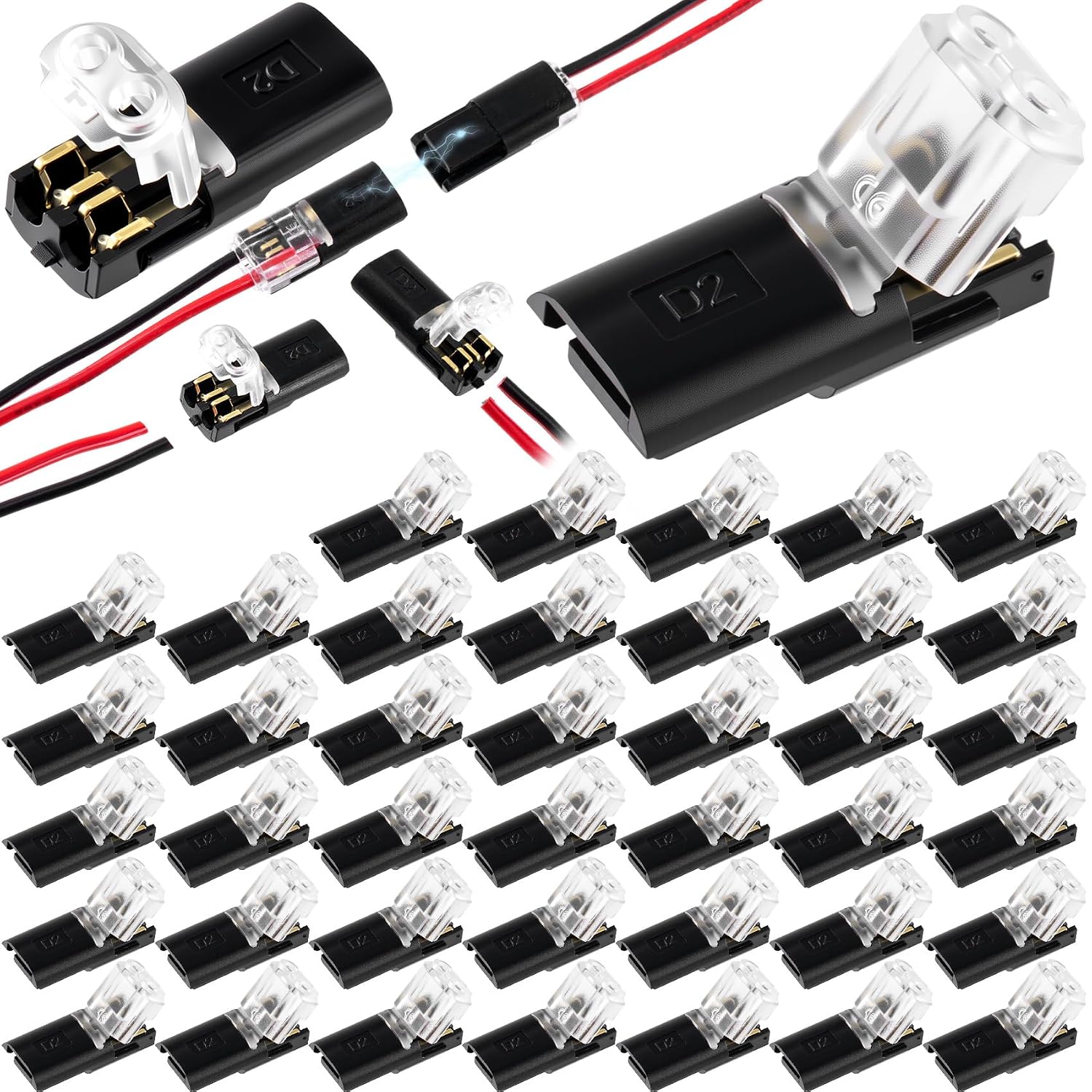 120pcs Quick Clip Fasteners Wire Connector, Plug-in Wire Quick Connectors with Locking Buckle, Double-Wire Snap on Blocks for Low-Voltage 18-22AWG Cable LED Strips DIY Crafting- Black