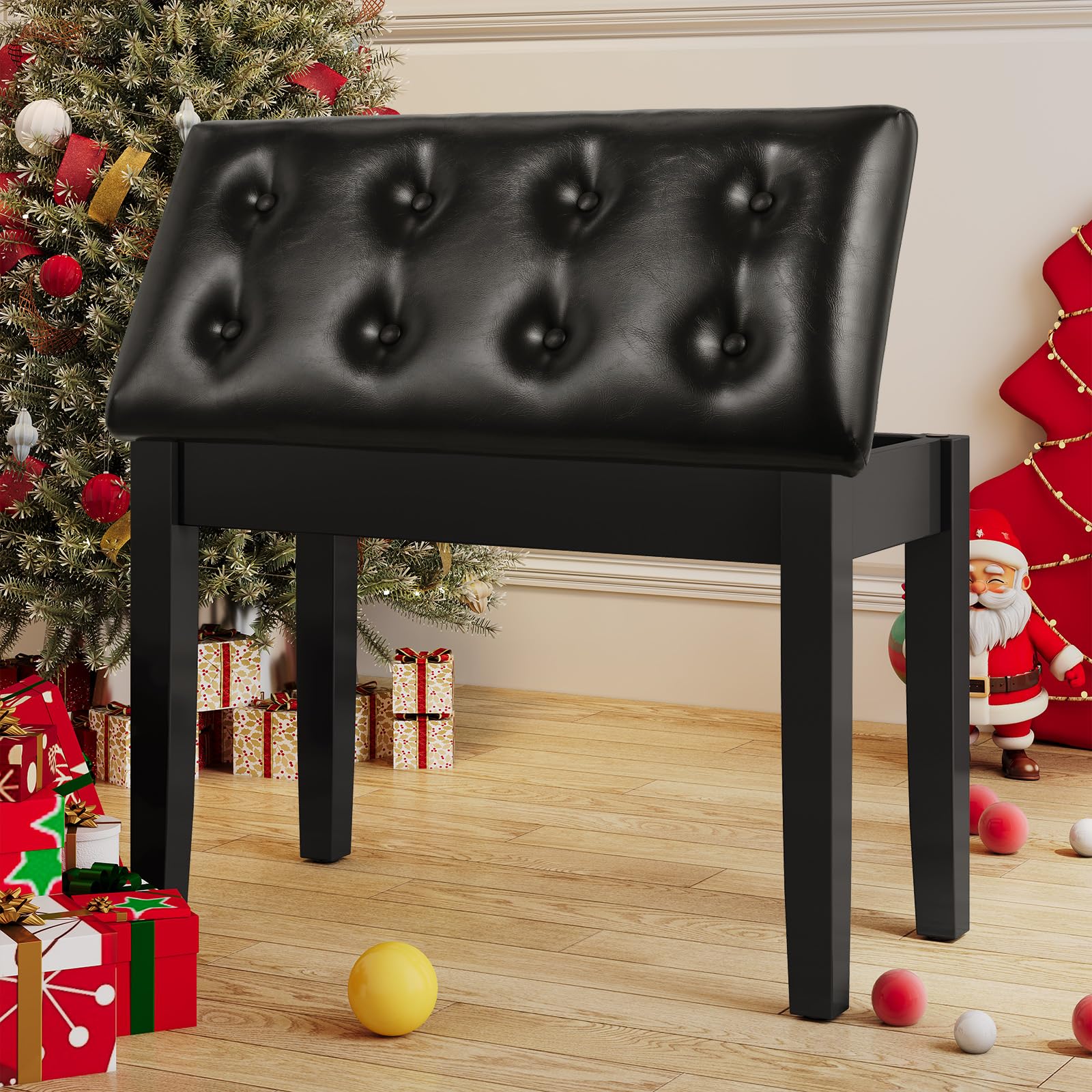 Piano Stool, Piano Bench 75 x 35 x 49 cm, Piano Stool with Storage Space, Solid Wood Legs, Piano Bench with Cushion 4 cm PU Leather, Piano Stool Maximum Load 200 kg, Black