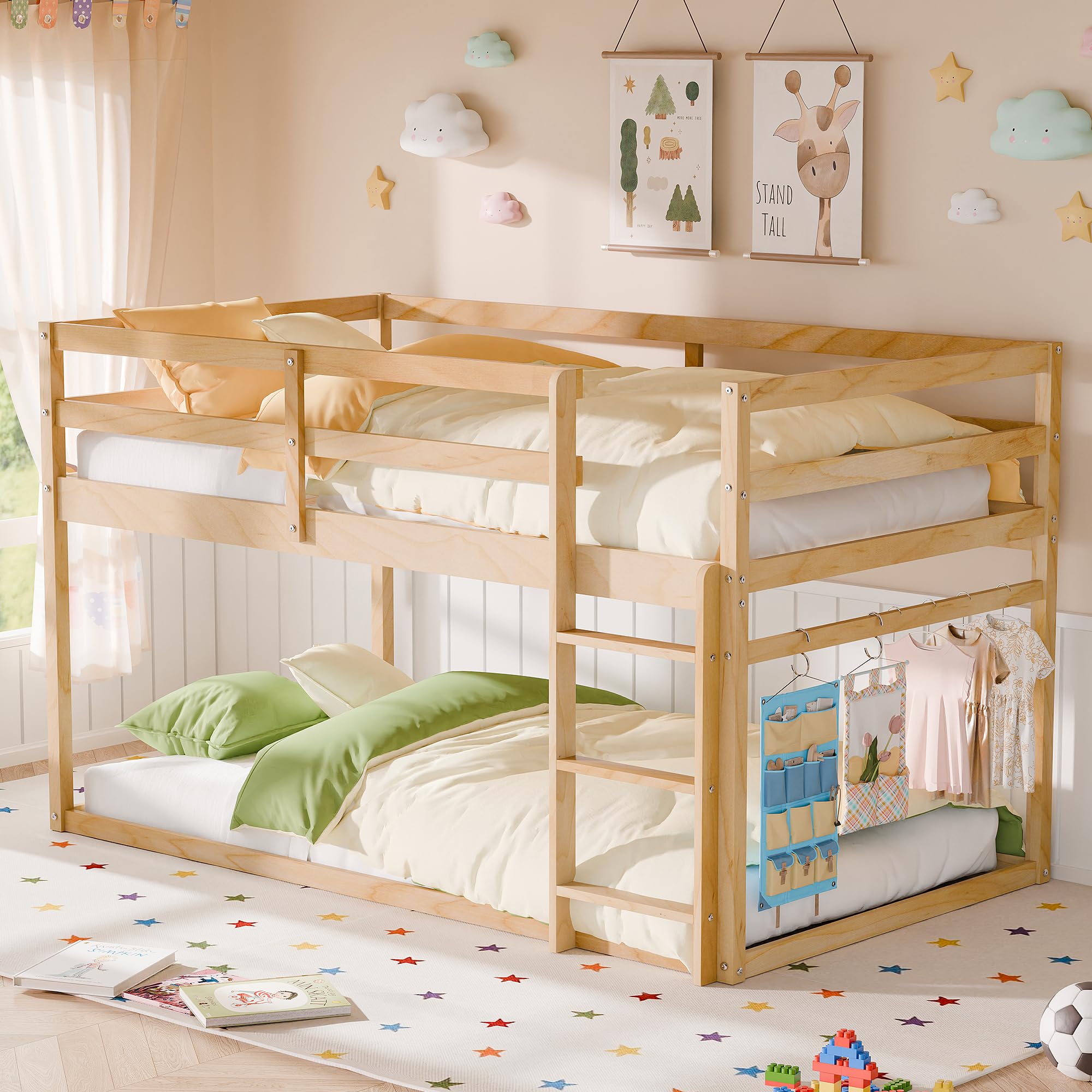 Xilingol Low Bunk Bed for Kids, Floor Bunk Bed Twin Over Twin, Natural